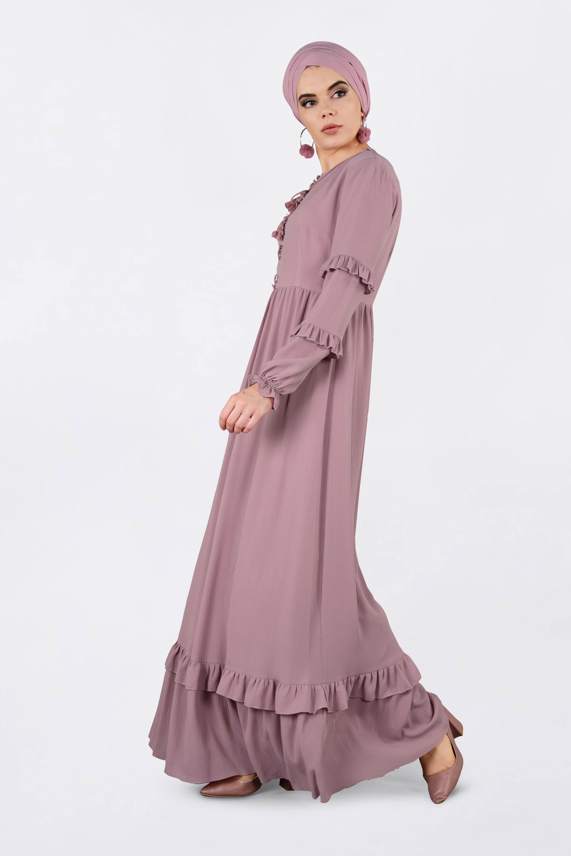 Tesettür giyim PEMBE DÜĞME DETAYLI FIRFIRLI ELBİSE 4357 