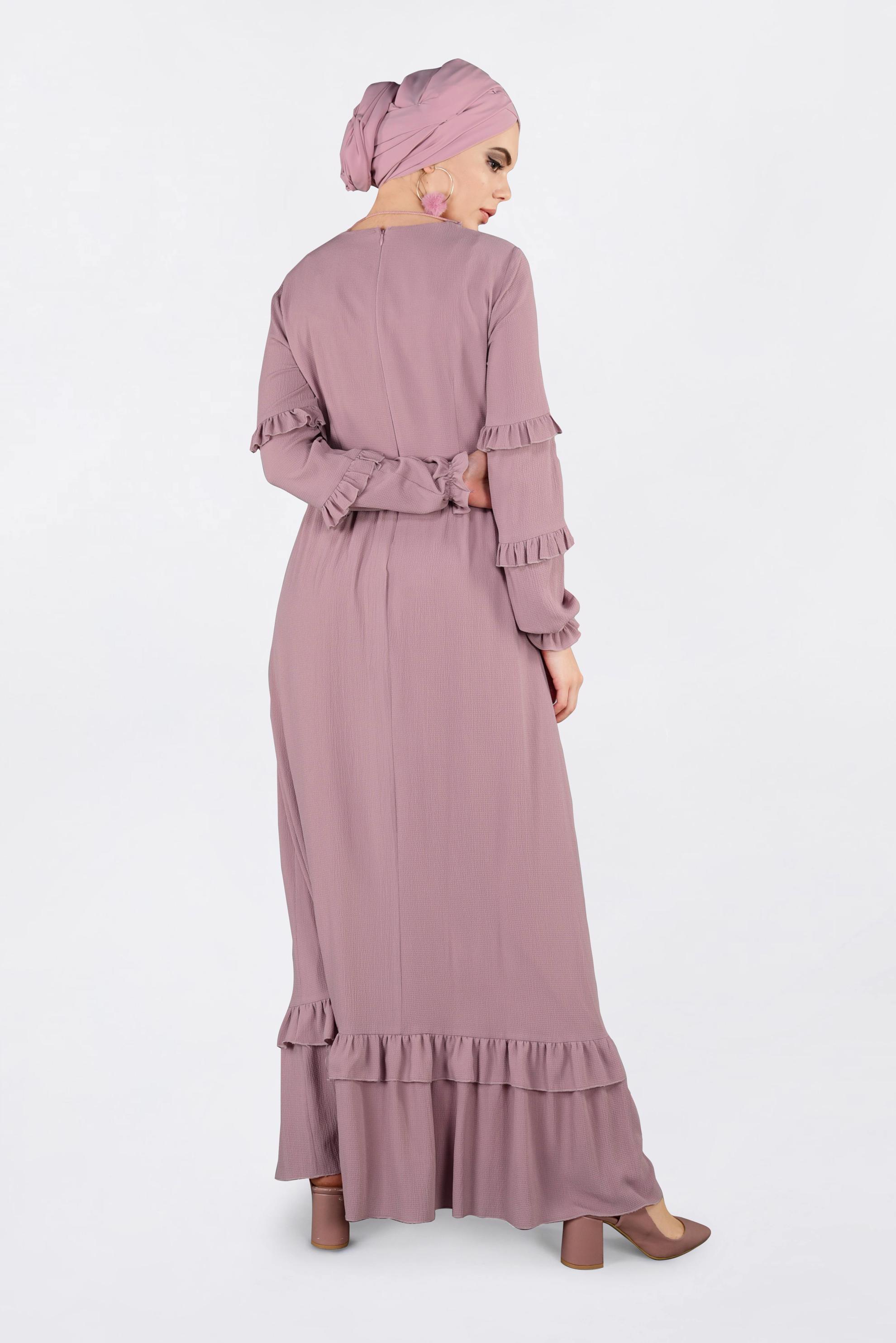 Tesettür giyim PEMBE DÜĞME DETAYLI FIRFIRLI ELBİSE 4357 