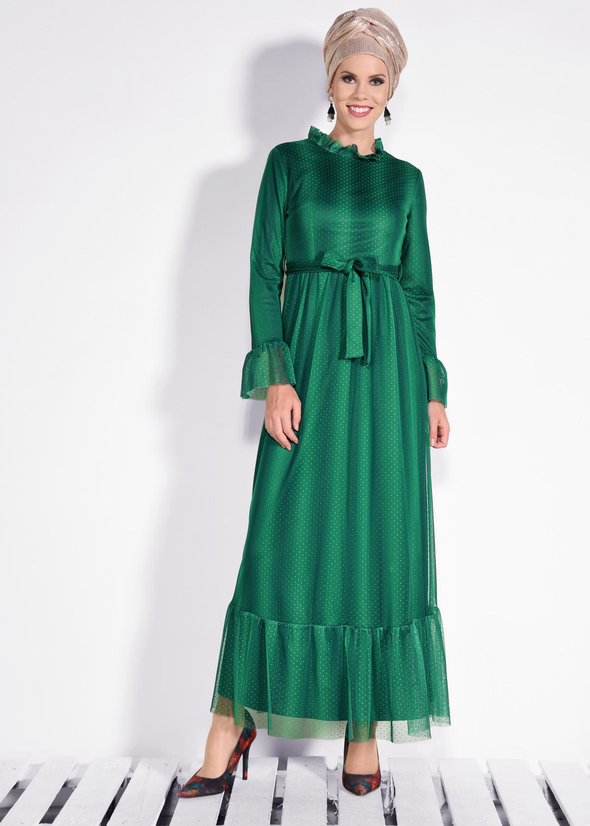 Tesettür giyim YEŞİL PUANTİYELİ TÜL ELBİSE 4360