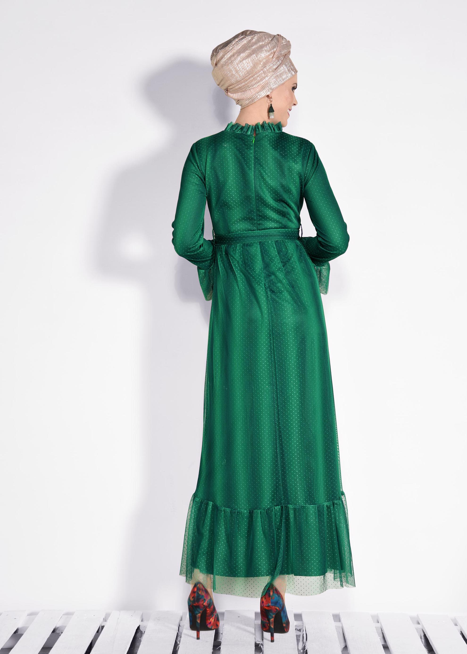 Tesettür giyim YEŞİL PUANTİYELİ TÜL ELBİSE 4360