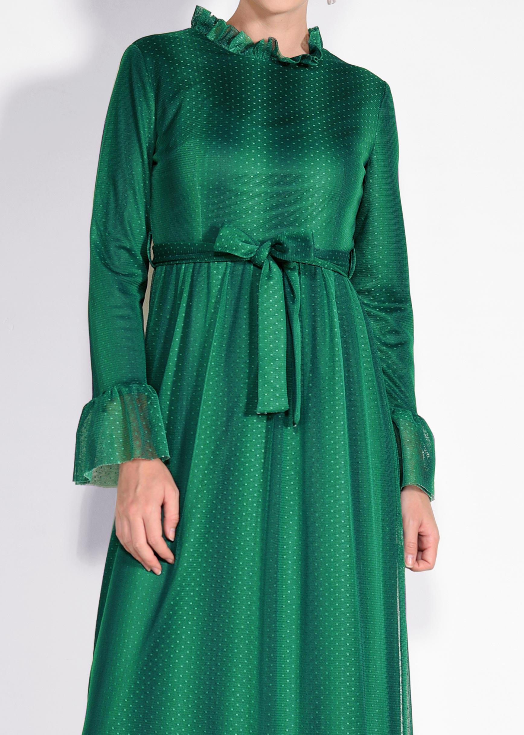 Tesettür giyim YEŞİL PUANTİYELİ TÜL ELBİSE 4360