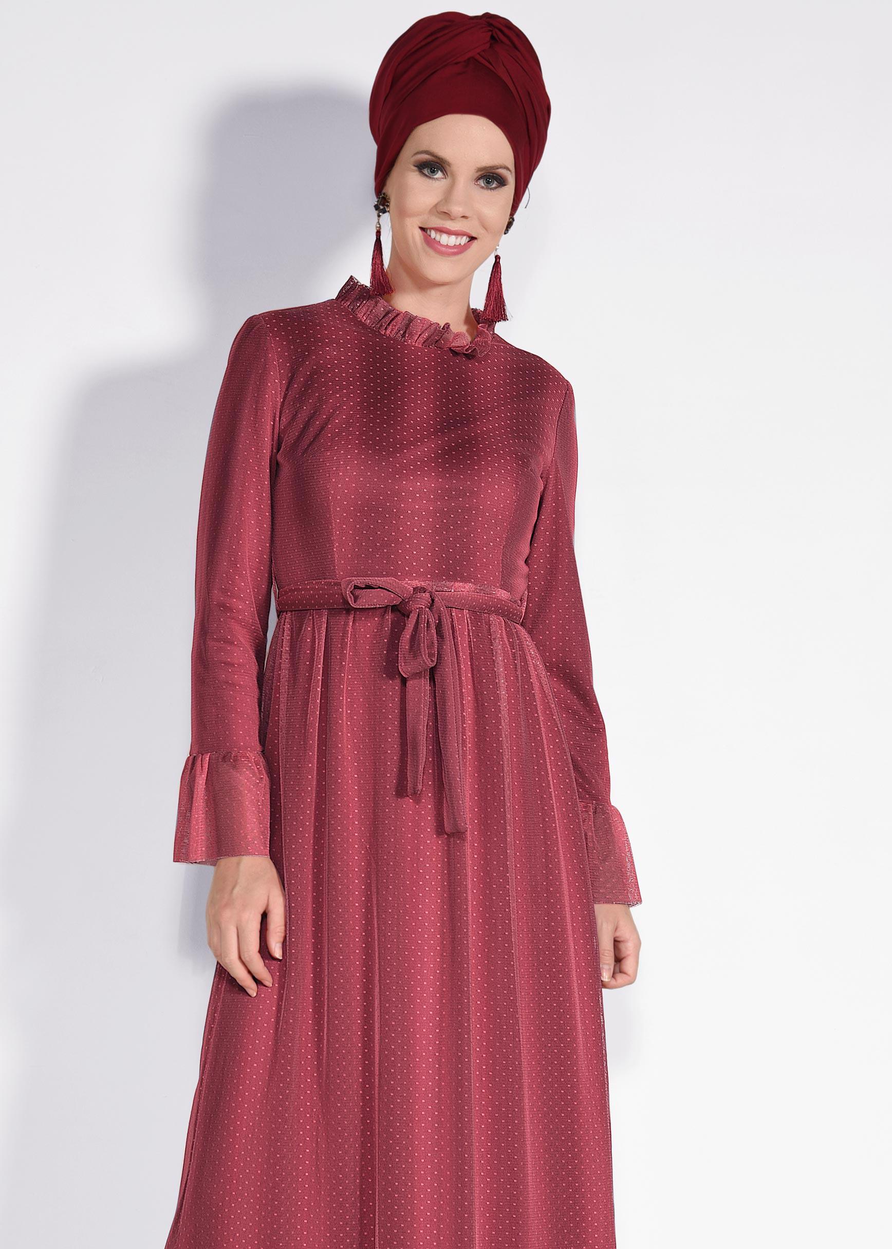 Tesettür giyim KIRMIZI PUANTİYELİ TÜL ELBİSE 4360