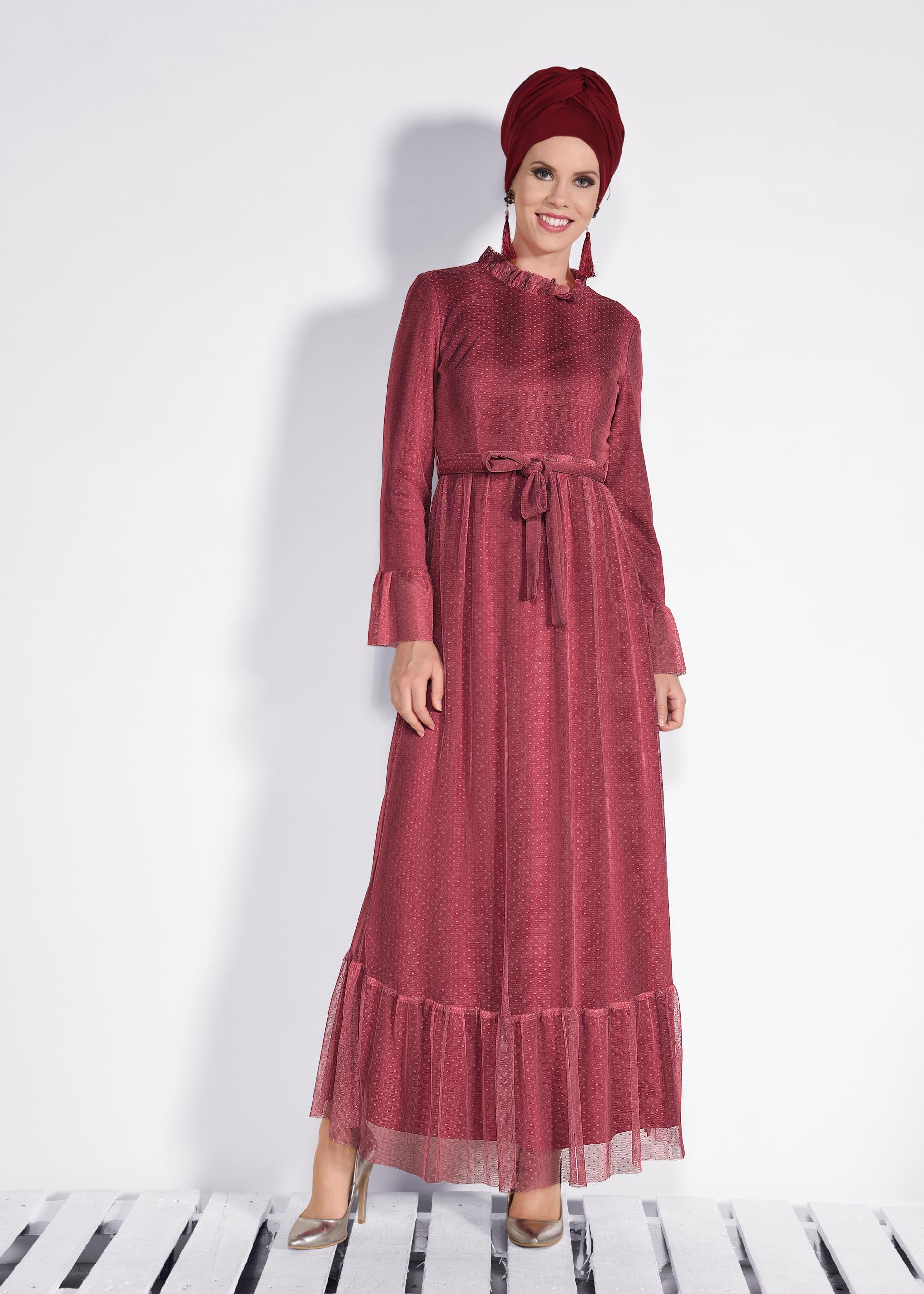 Tesettür giyim KIRMIZI PUANTİYELİ TÜL ELBİSE 4360