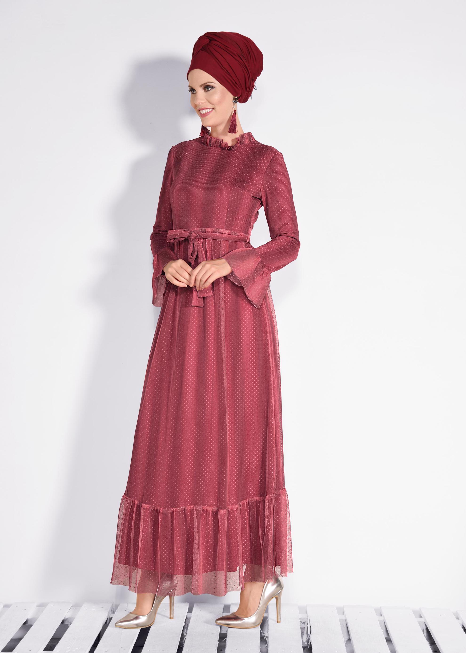 Tesettür giyim KIRMIZI PUANTİYELİ TÜL ELBİSE 4360