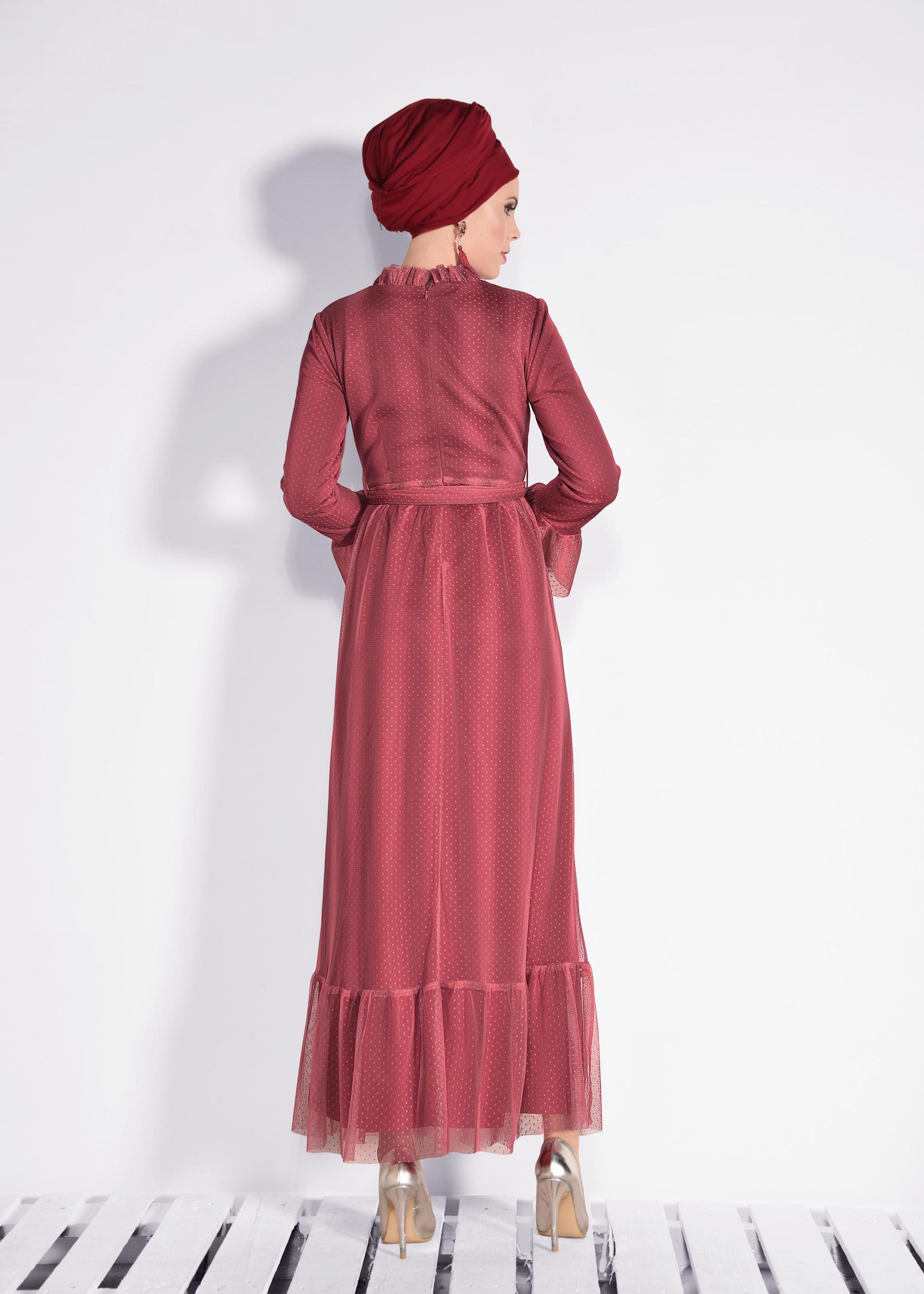 Tesettür giyim KIRMIZI PUANTİYELİ TÜL ELBİSE 4360