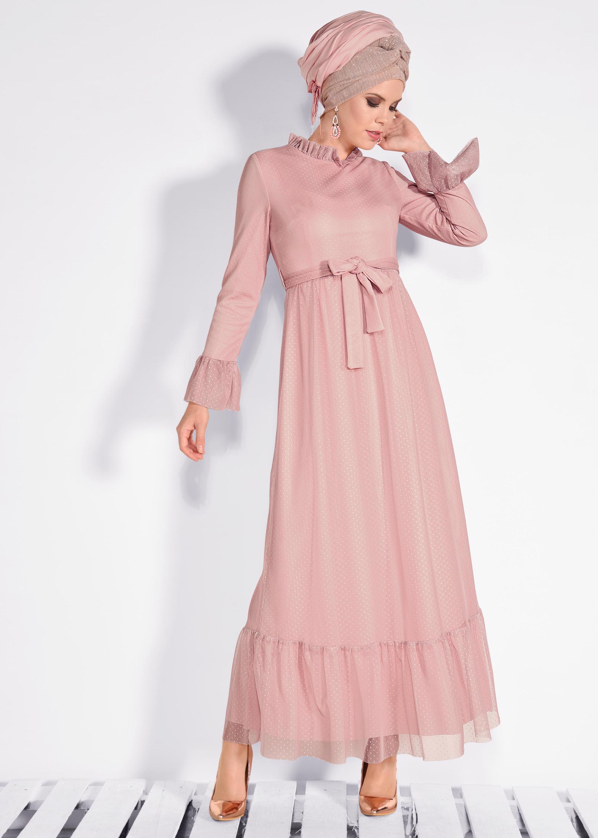 Tesettür giyim PUDRA PUANTİYELİ TÜL ELBİSE 4360