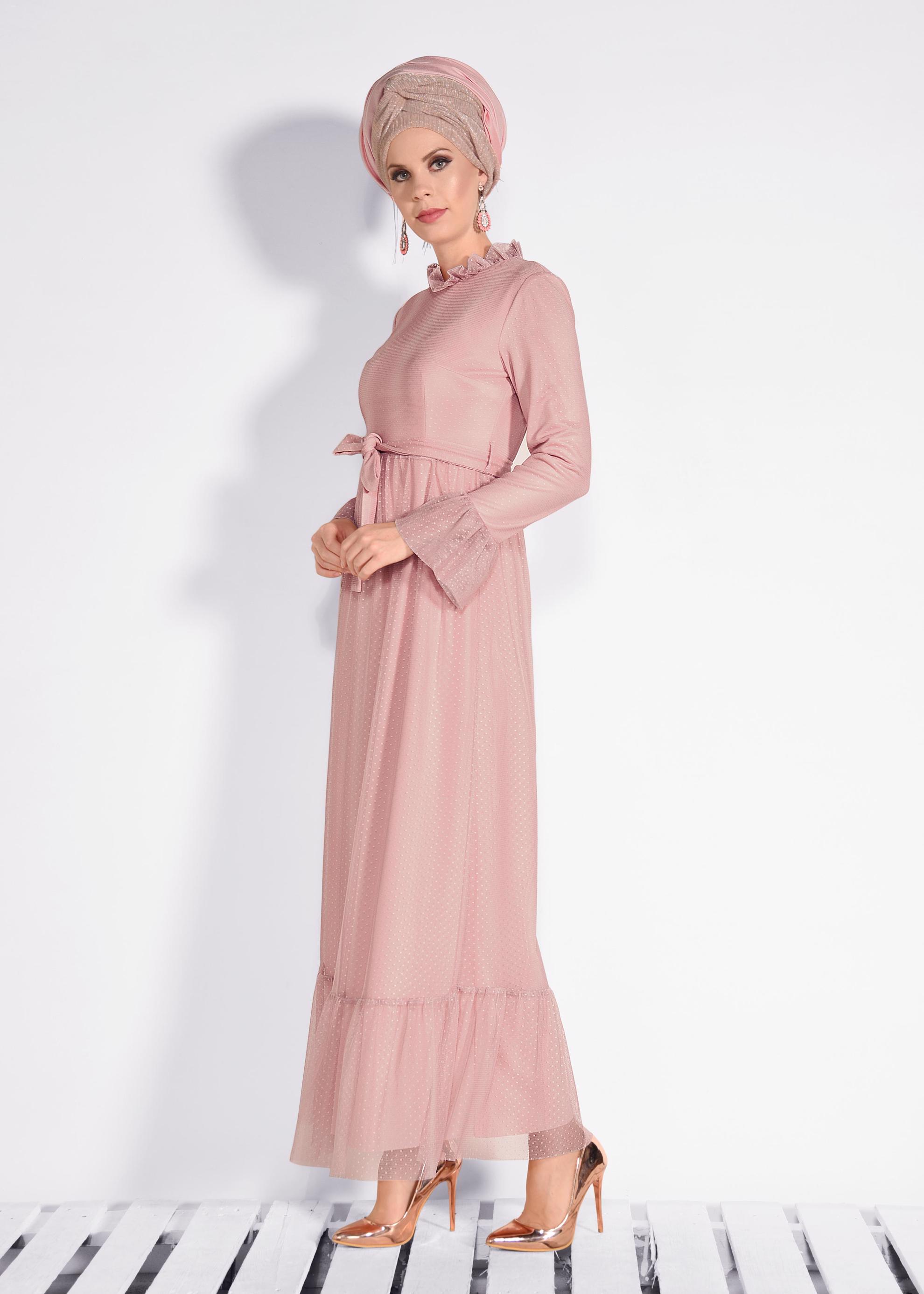Tesettür giyim PUDRA PUANTİYELİ TÜL ELBİSE 4360
