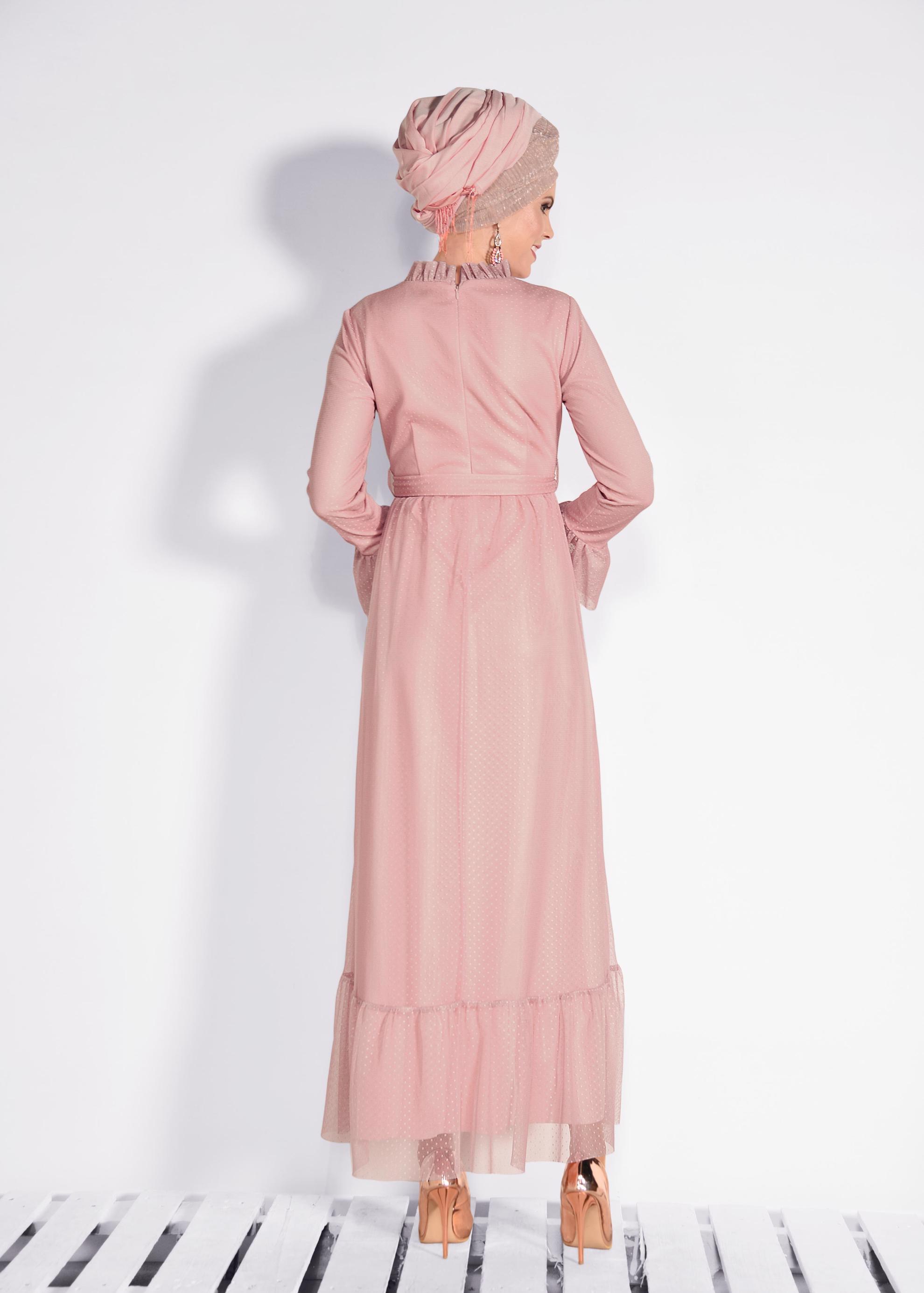 Tesettür giyim PUDRA PUANTİYELİ TÜL ELBİSE 4360