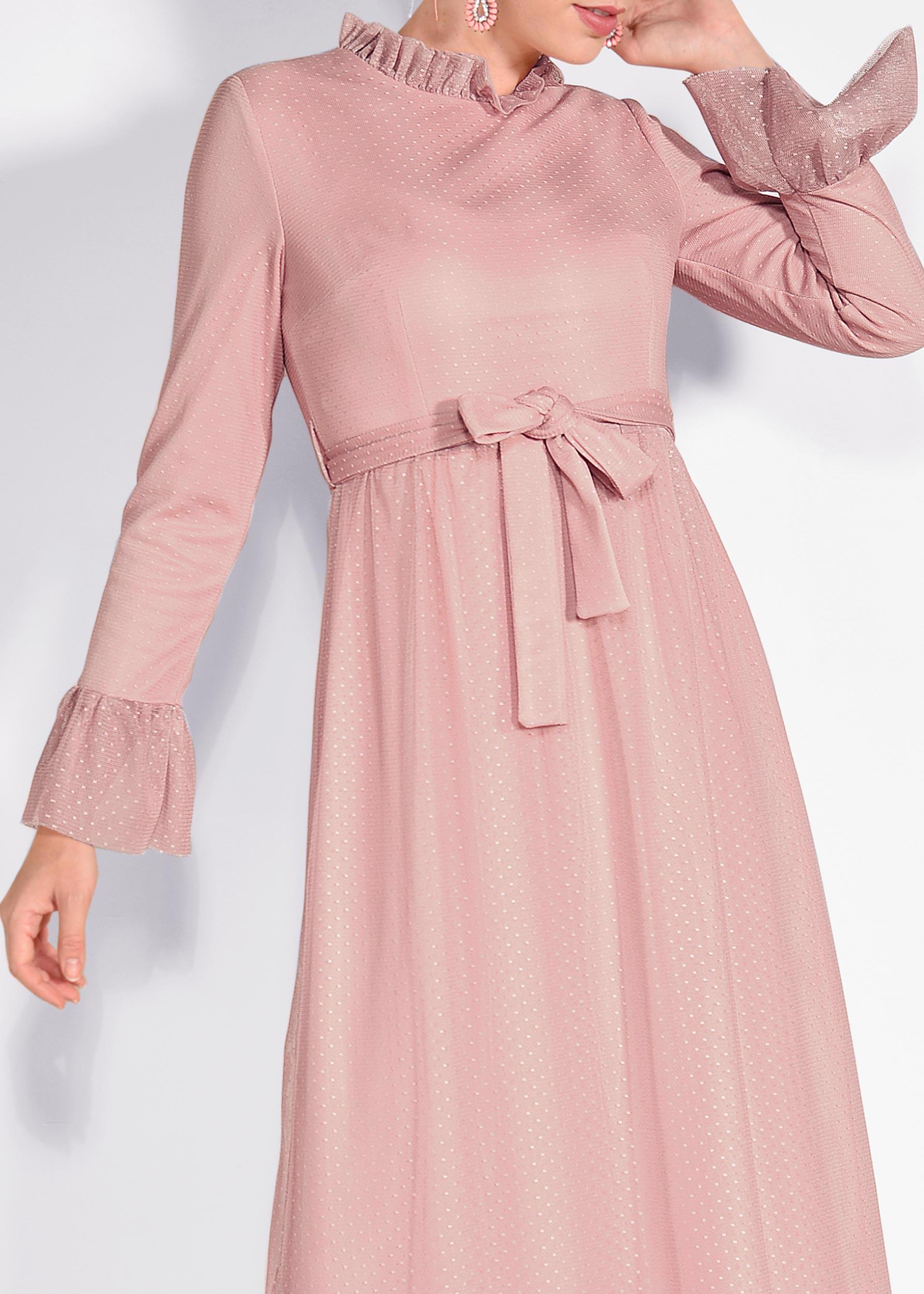 Tesettür giyim PUDRA PUANTİYELİ TÜL ELBİSE 4360