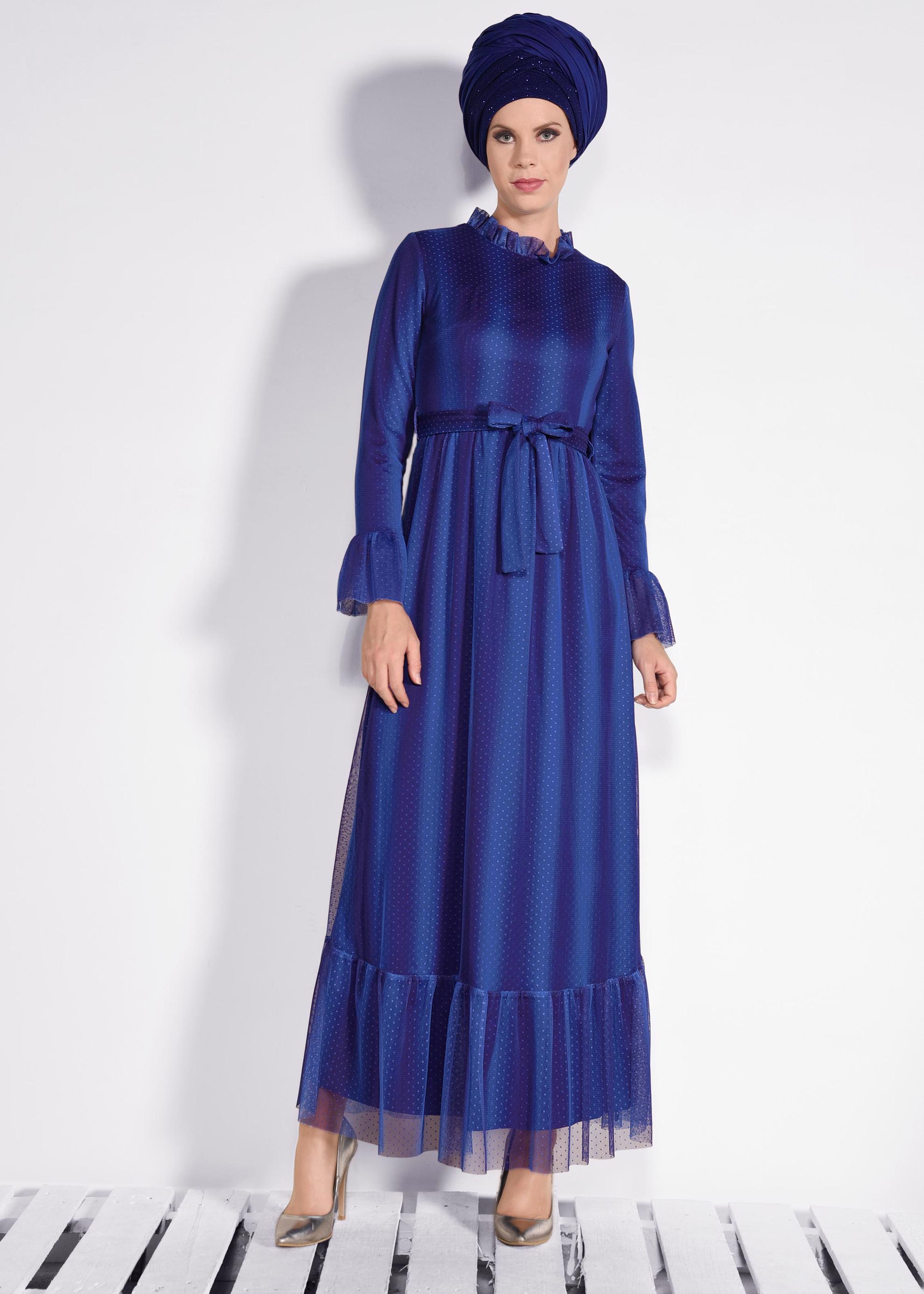 Tesettür giyim LACİVERT PUANTİYELİ TÜL ELBİSE 4360