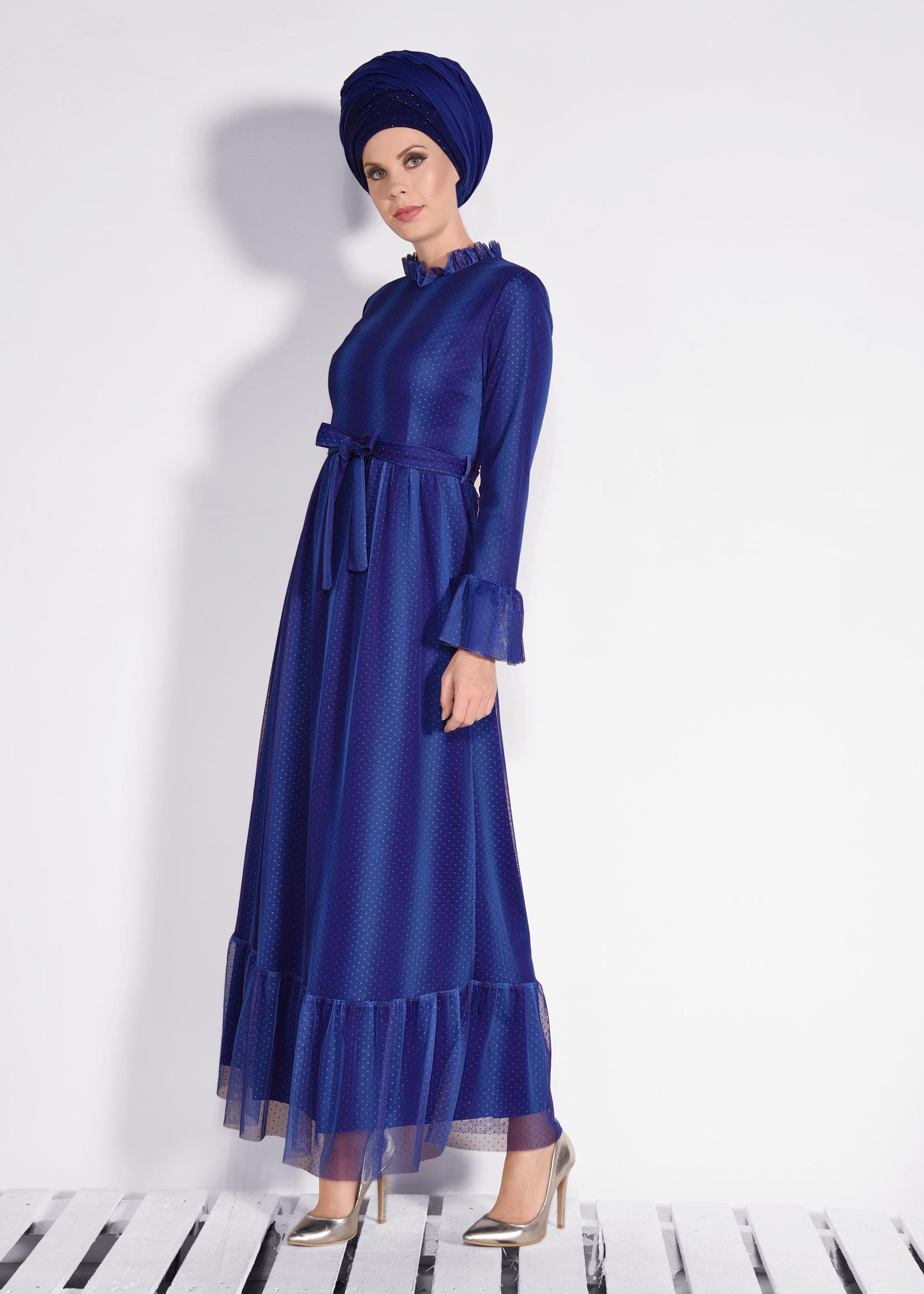 Tesettür giyim LACİVERT PUANTİYELİ TÜL ELBİSE 4360