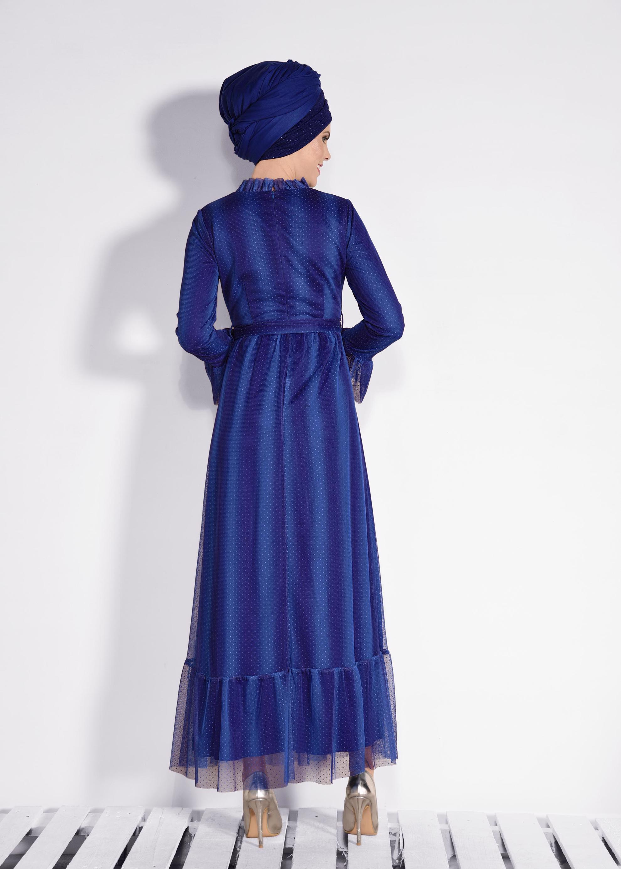 Tesettür giyim LACİVERT PUANTİYELİ TÜL ELBİSE 4360