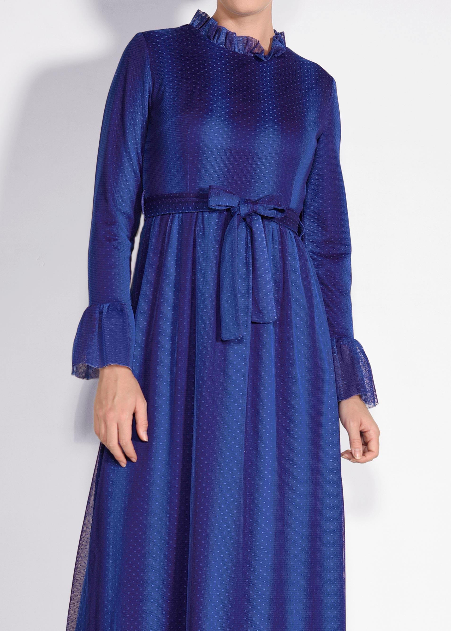 Tesettür giyim LACİVERT PUANTİYELİ TÜL ELBİSE 4360