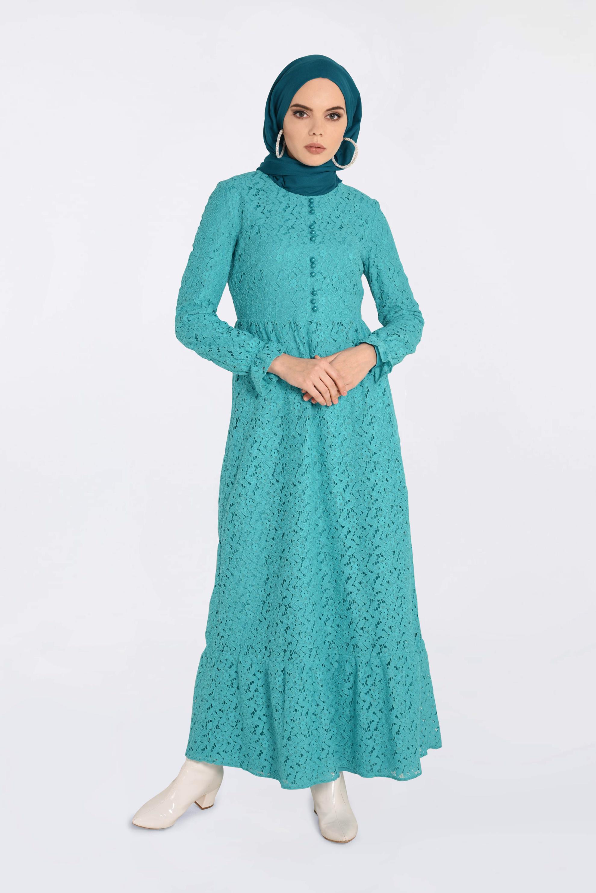Tesettür giyim MAVİ YUVARLAK YAKA DANTELLİ ELBİSE 4390