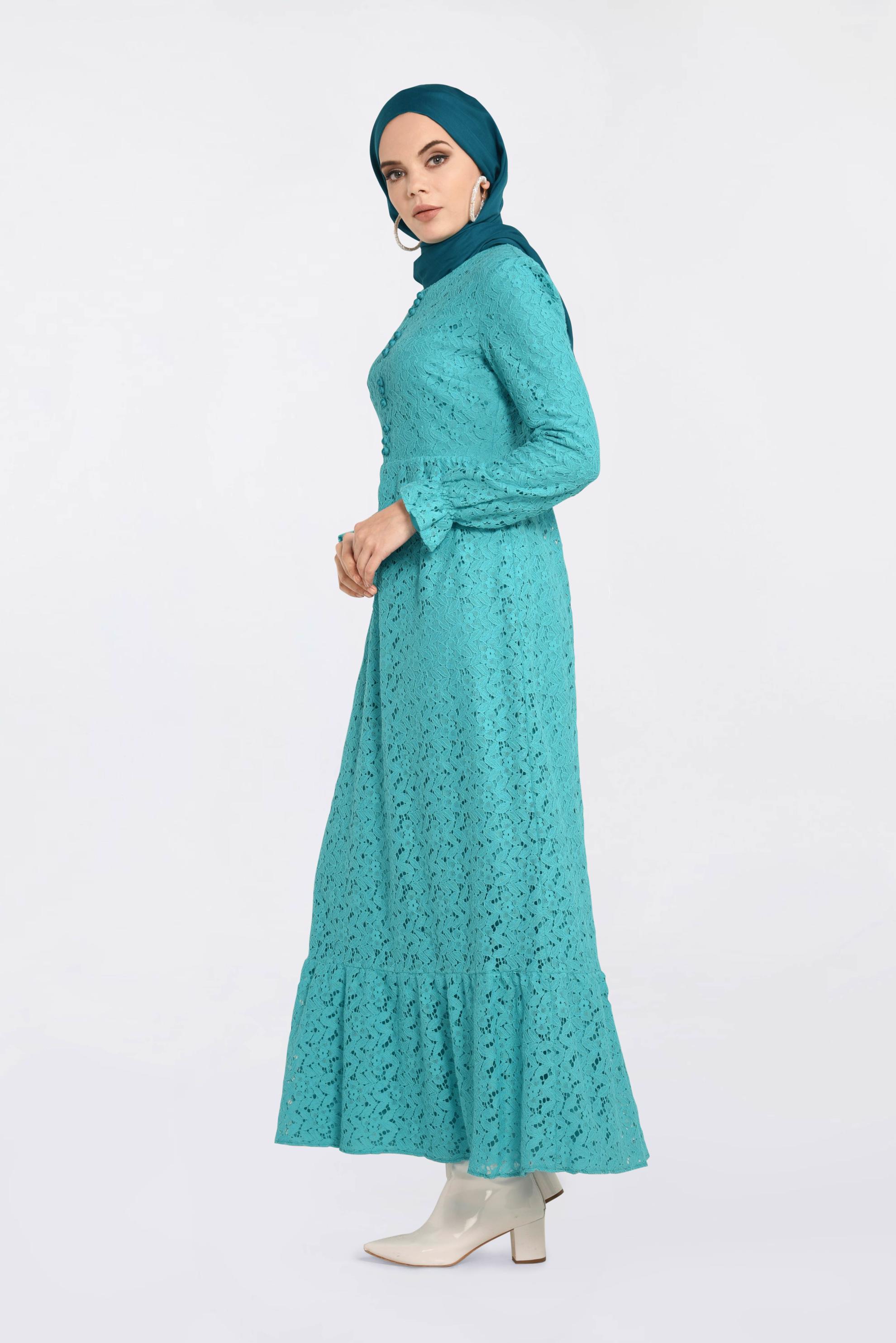 Tesettür giyim MAVİ YUVARLAK YAKA DANTELLİ ELBİSE 4390