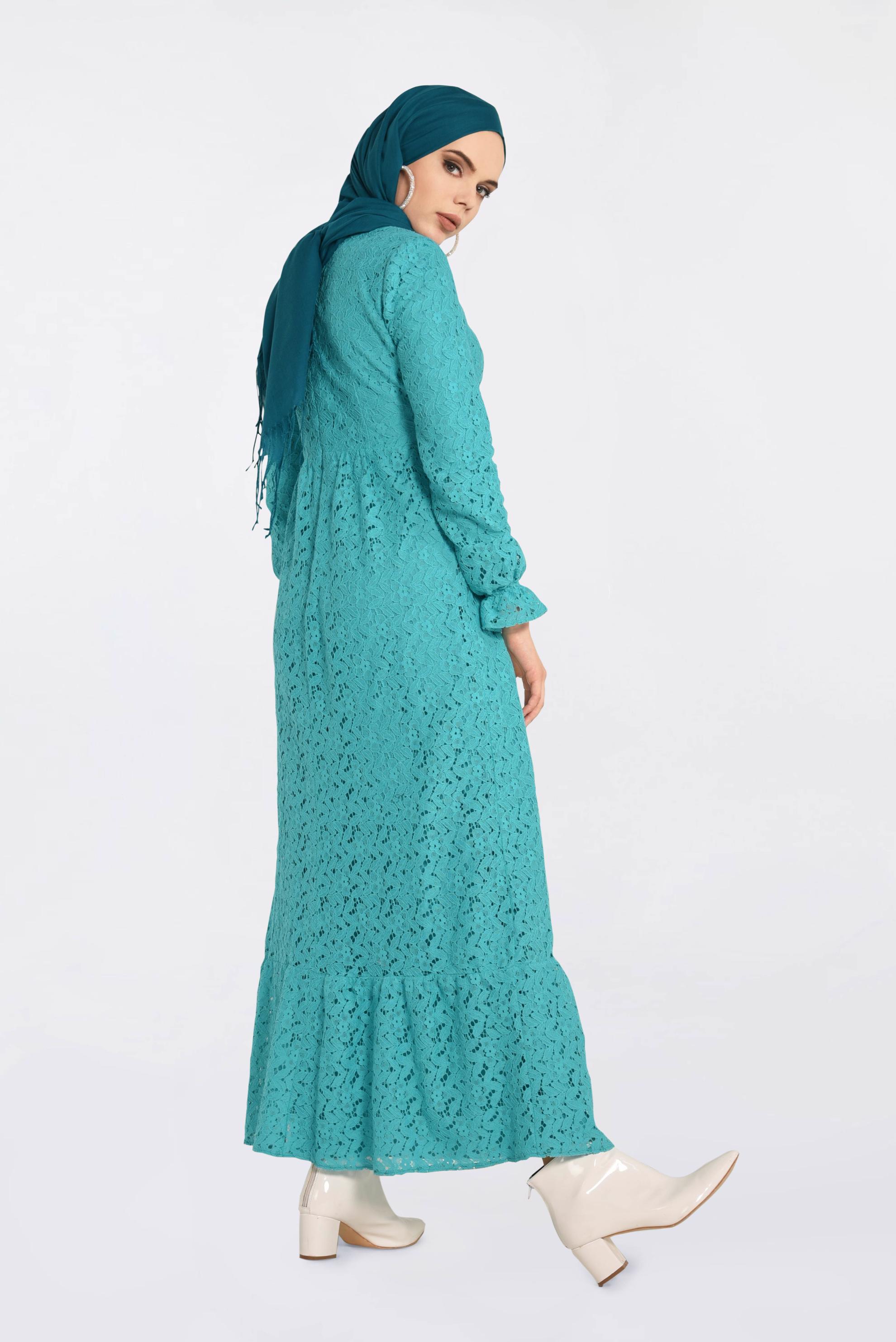 Tesettür giyim MAVİ YUVARLAK YAKA DANTELLİ ELBİSE 4390