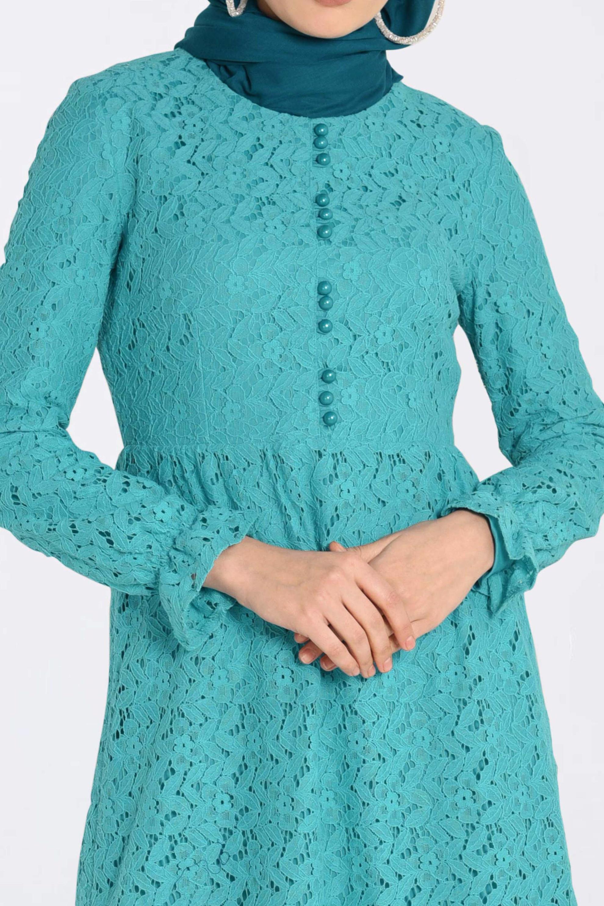 Tesettür giyim MAVİ YUVARLAK YAKA DANTELLİ ELBİSE 4390