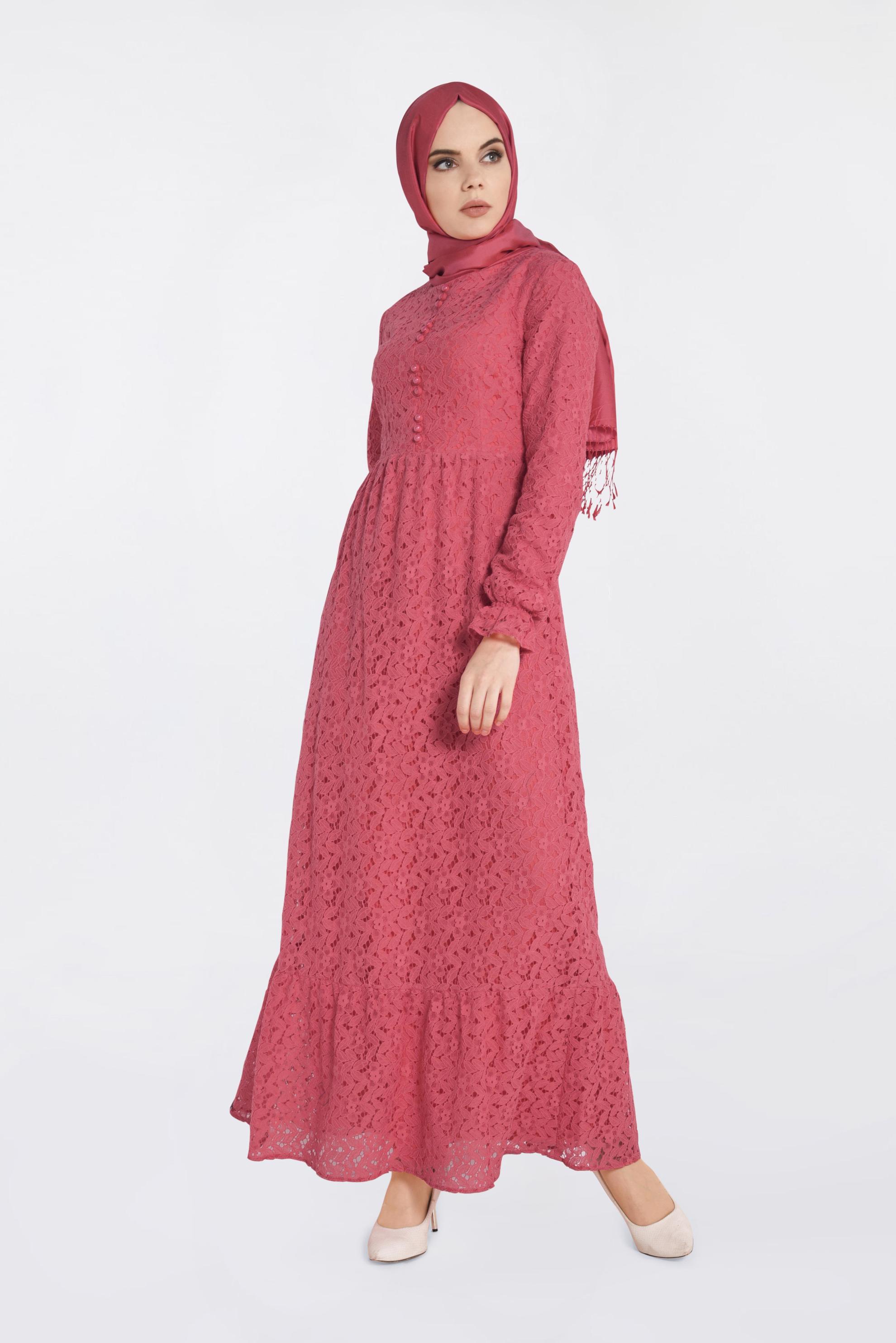 Tesettür giyim MERCAN YUVARLAK YAKA DANTELLİ ELBİSE 4390