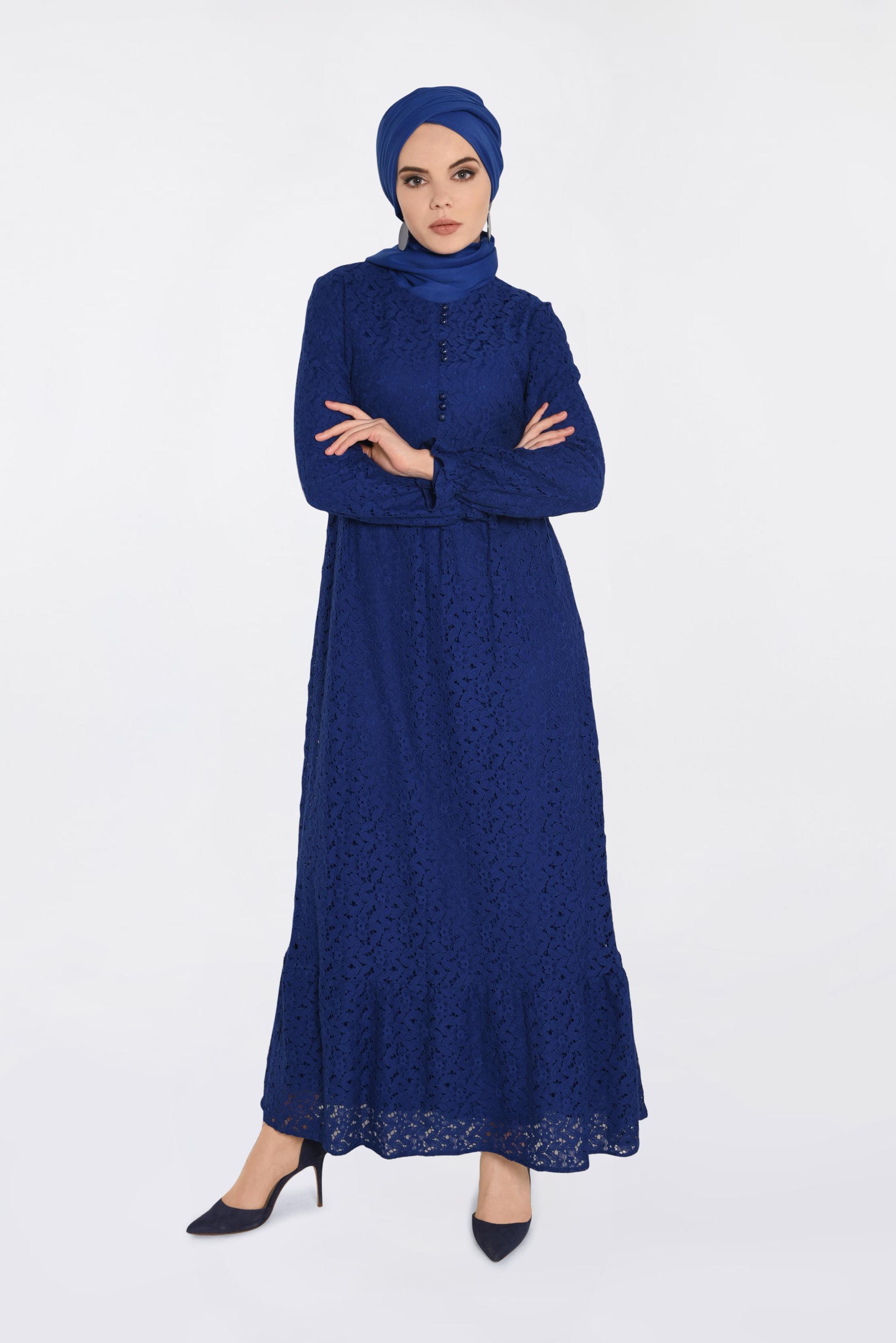 Tesettür giyim LACİVERT YUVARLAK YAKA DANTELLİ ELBİSE 4390
