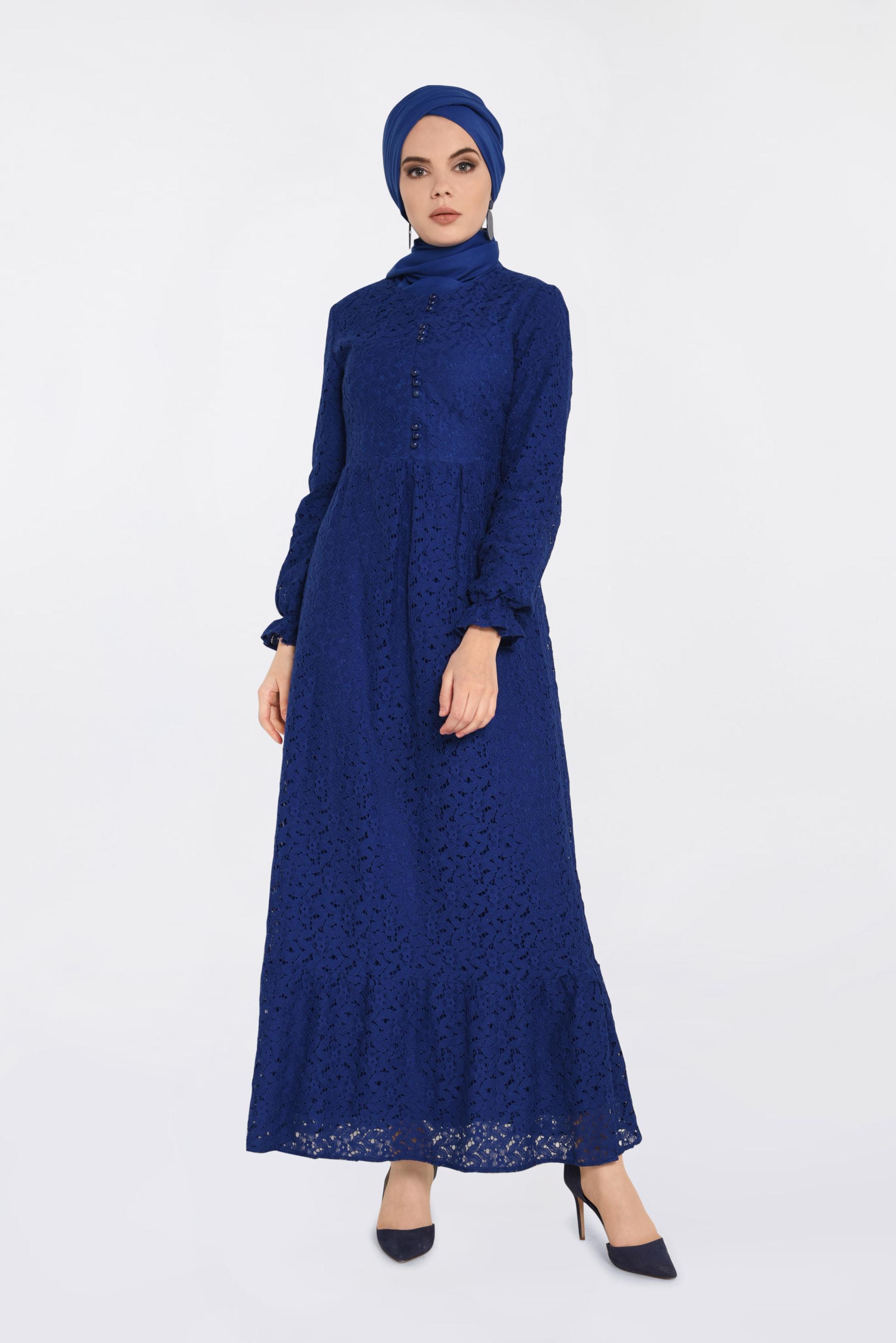 Tesettür giyim LACİVERT YUVARLAK YAKA DANTELLİ ELBİSE 4390