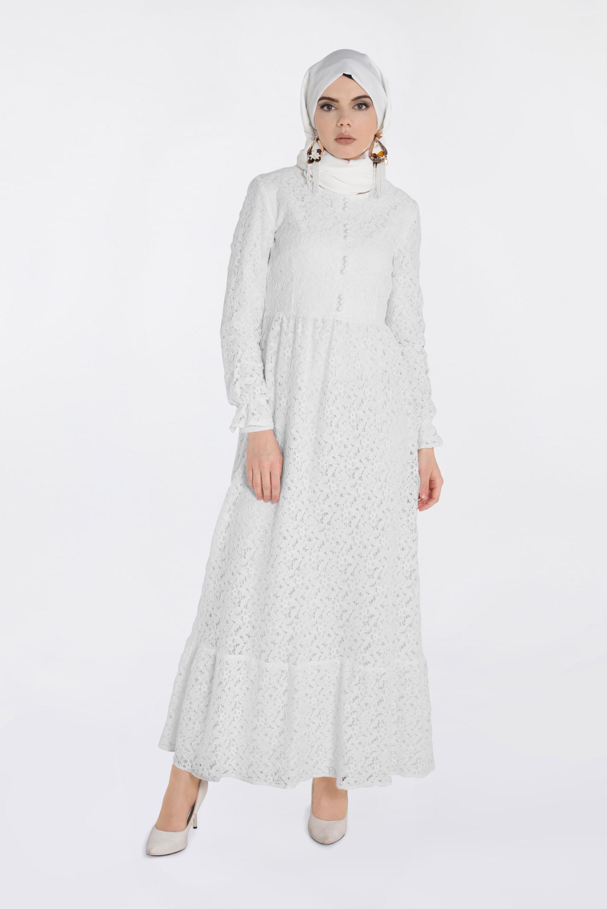 Tesettür giyim BEYAZ YUVARLAK YAKA DANTELLİ ELBİSE 4390