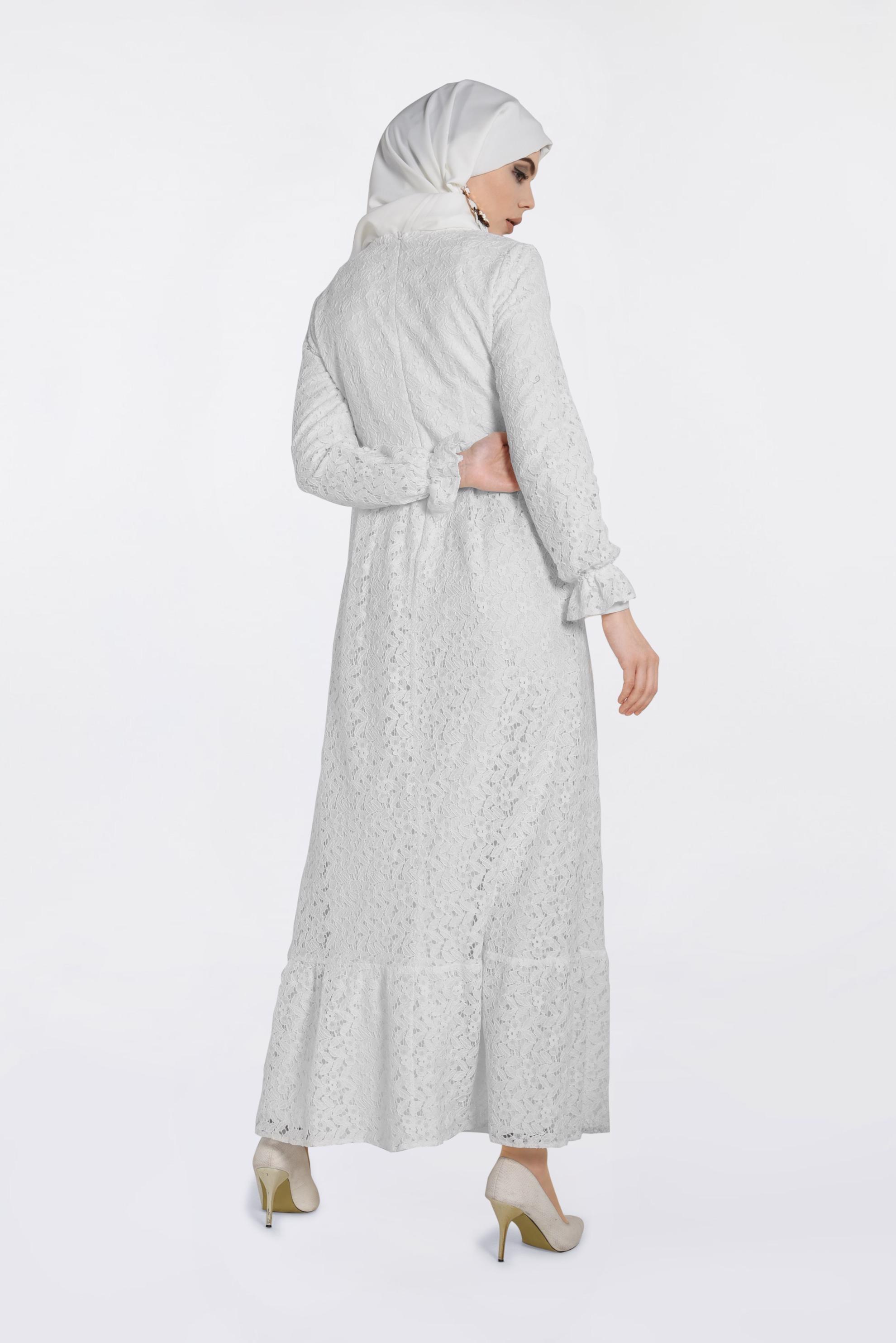 Tesettür giyim BEYAZ YUVARLAK YAKA DANTELLİ ELBİSE 4390