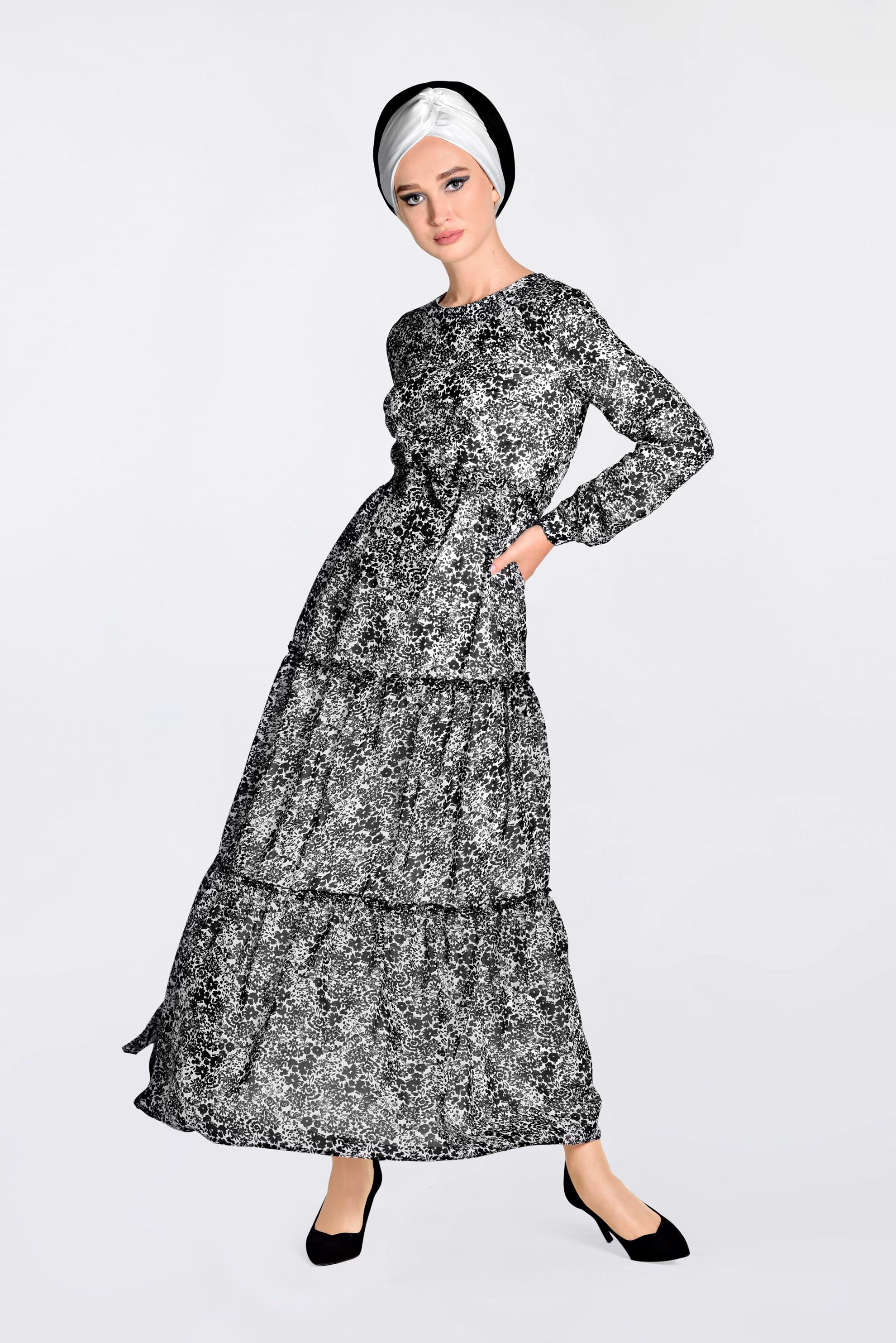 Tesettür giyim SİYAH ÇİÇEK DESENLİ YUVARLAK YAKA ELBİSE 4393