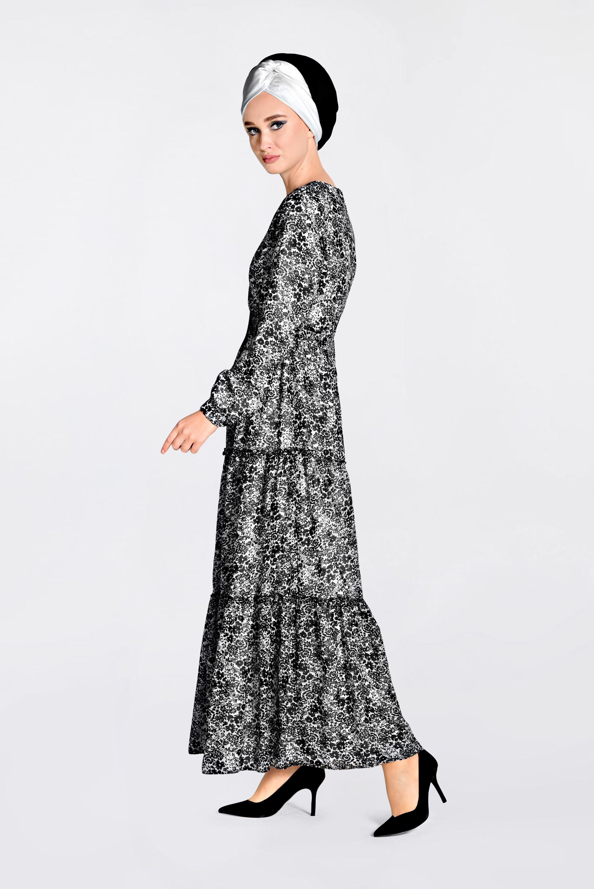 Tesettür giyim SİYAH ÇİÇEK DESENLİ YUVARLAK YAKA ELBİSE 4393