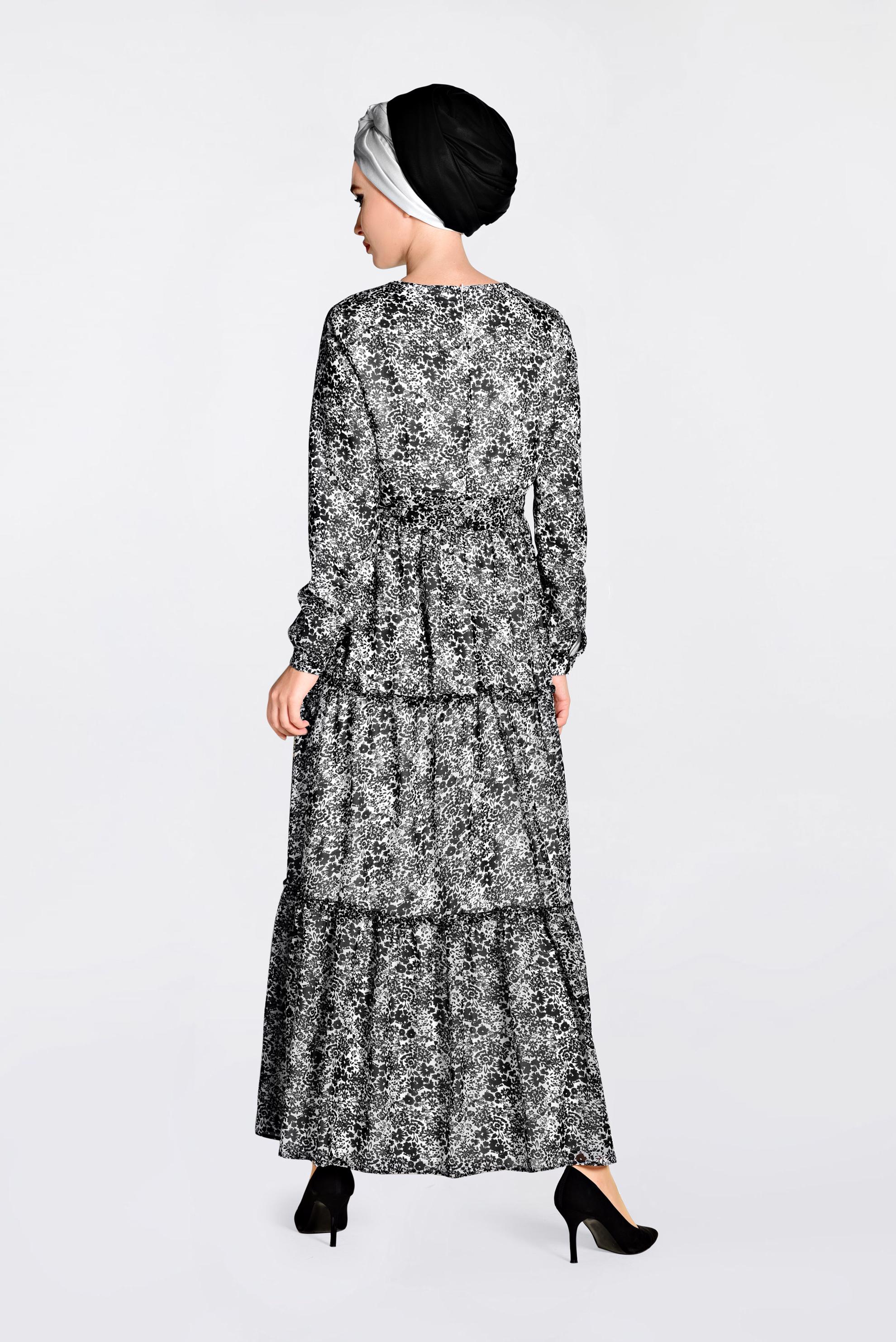 Tesettür giyim SİYAH ÇİÇEK DESENLİ YUVARLAK YAKA ELBİSE 4393