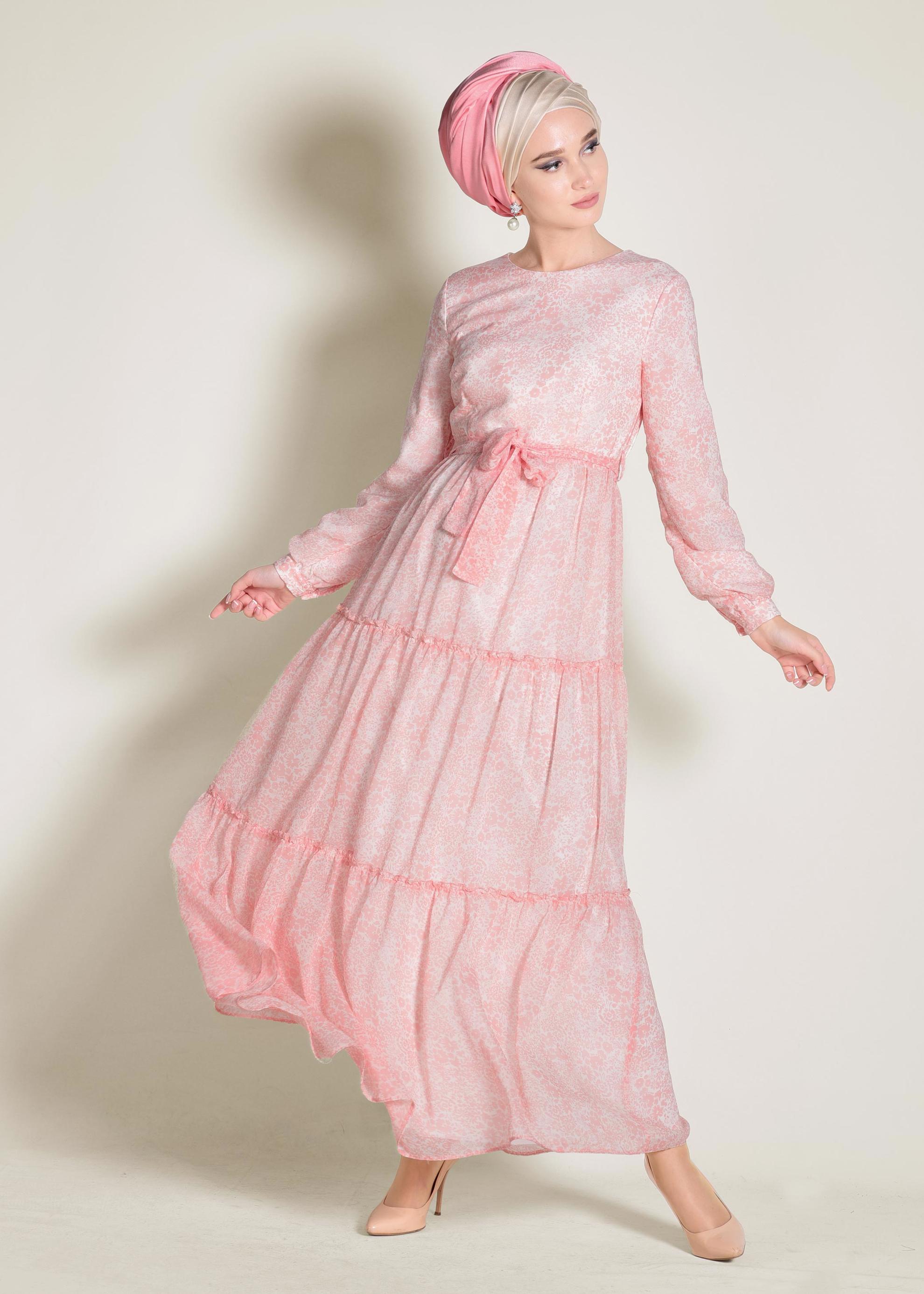 Tesettür giyim PUDRA ÇİÇEK DESENLİ YUVARLAK YAKA ELBİSE 4393