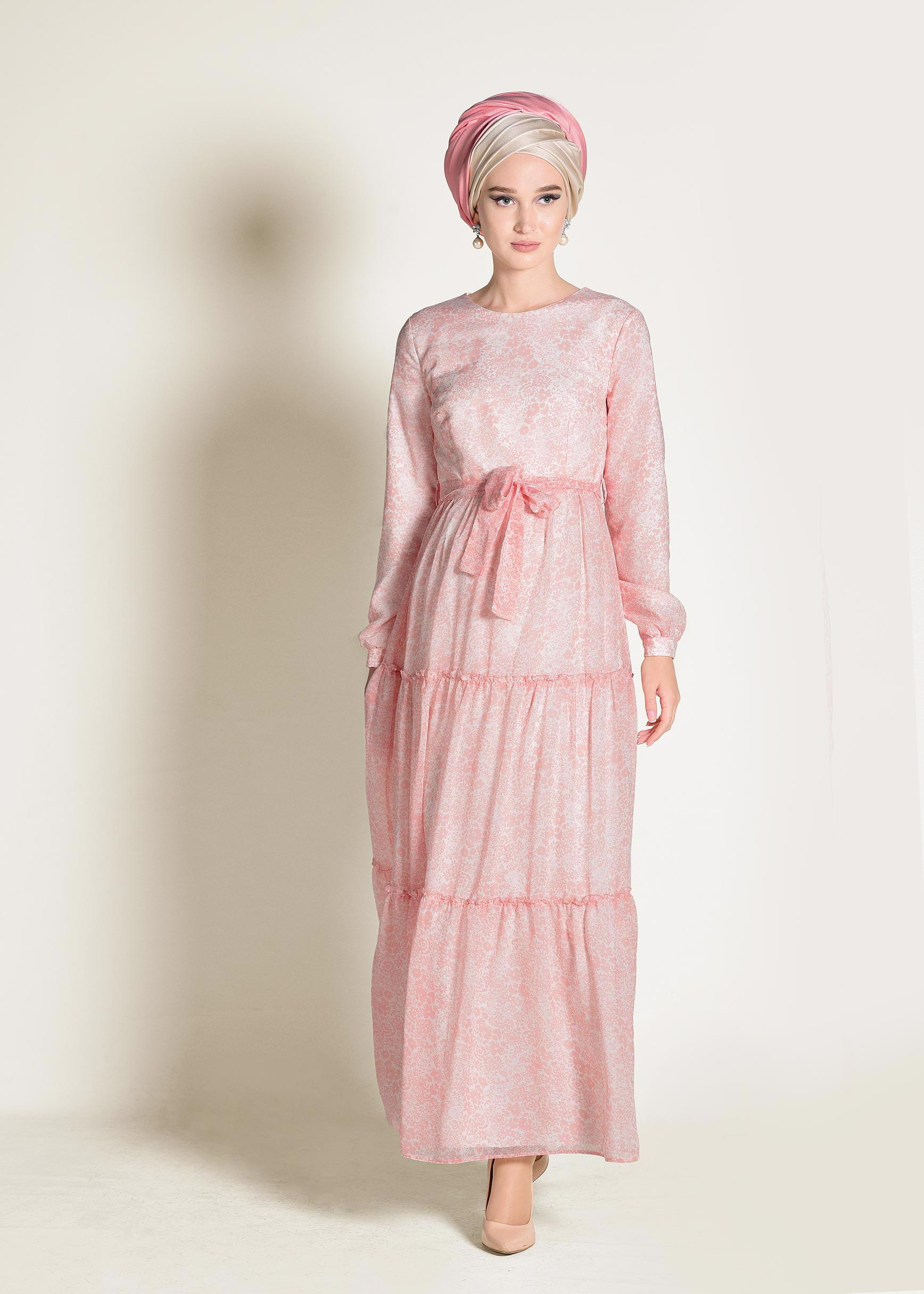 Tesettür giyim PUDRA ÇİÇEK DESENLİ YUVARLAK YAKA ELBİSE 4393