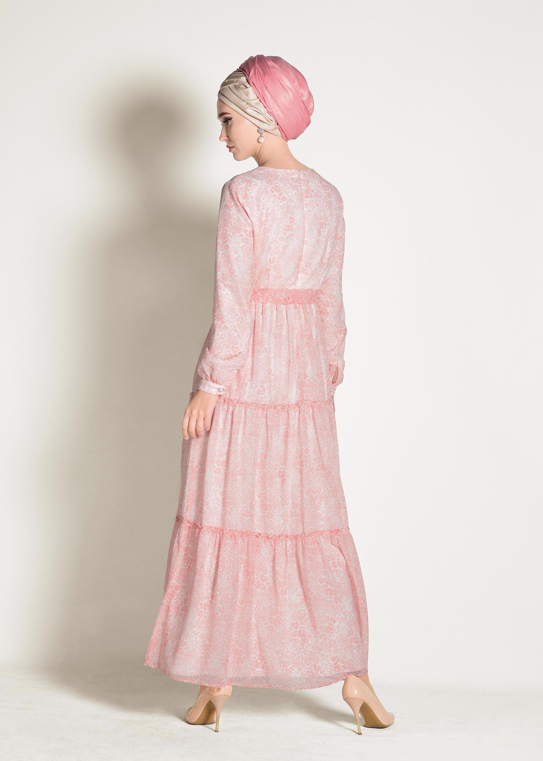 Tesettür giyim PUDRA ÇİÇEK DESENLİ YUVARLAK YAKA ELBİSE 4393