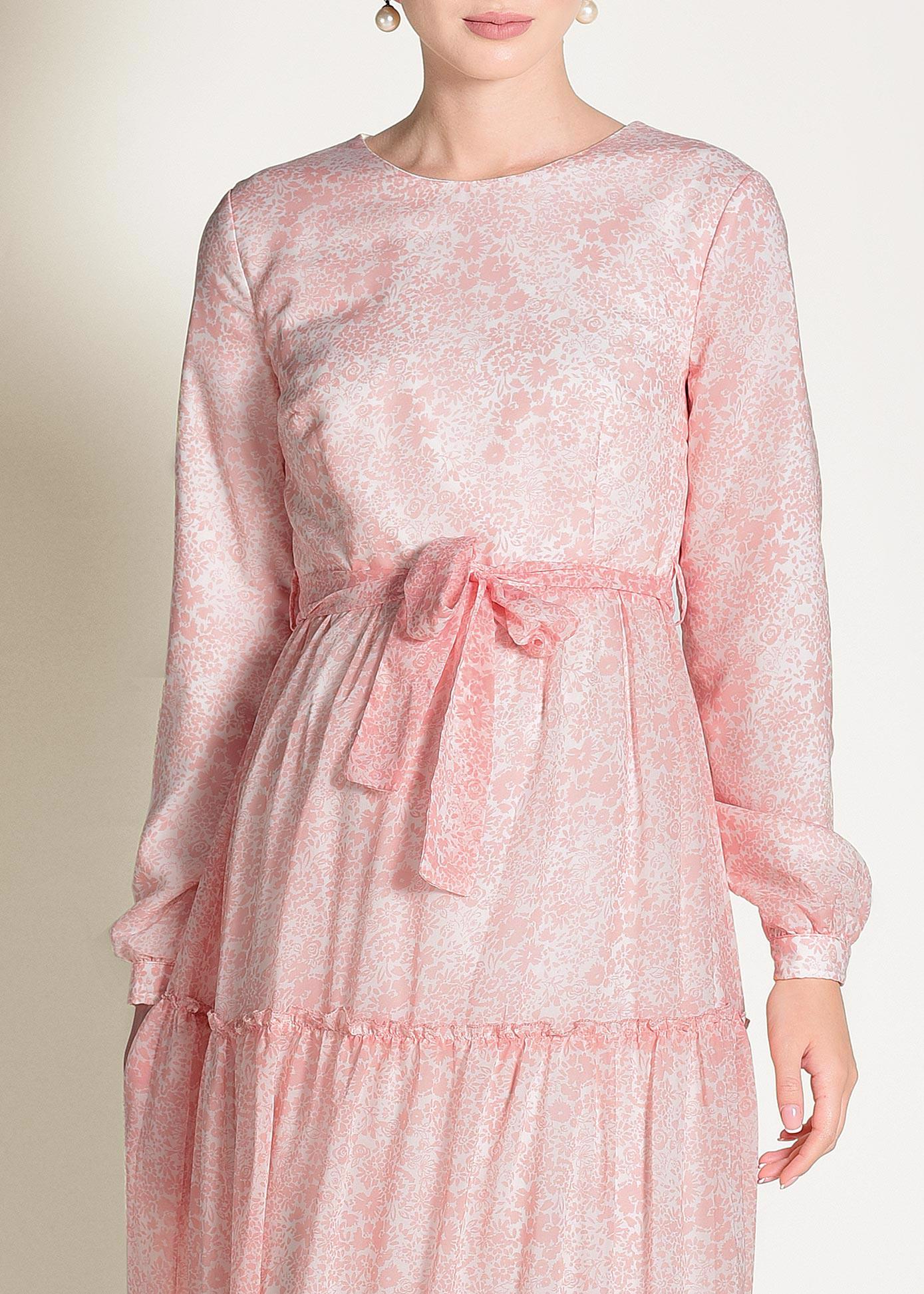 Tesettür giyim PUDRA ÇİÇEK DESENLİ YUVARLAK YAKA ELBİSE 4393