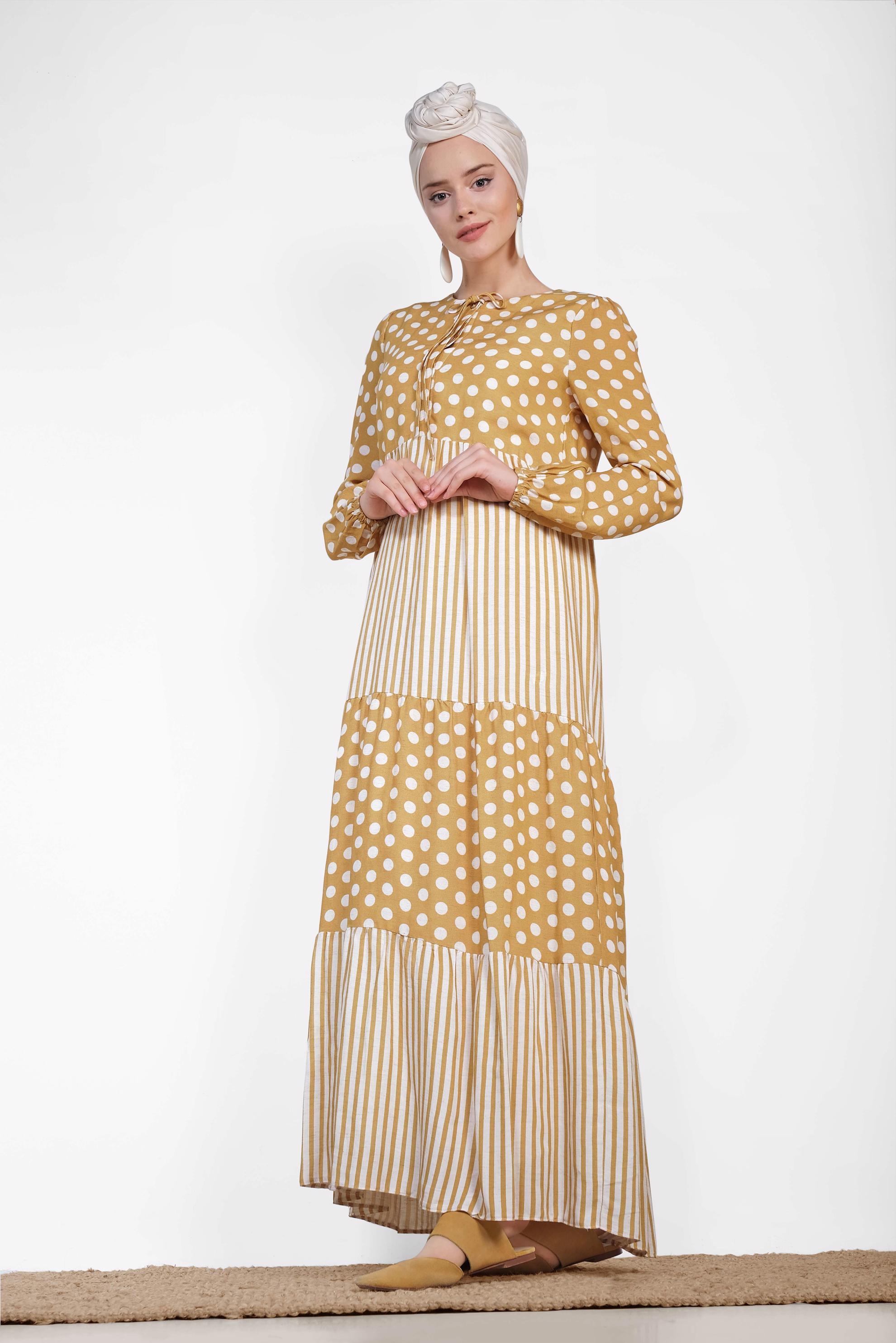 Tesettür giyim SARI PUANTİYE VE ÇİZGİ DESENLİ ELBİSE 4410