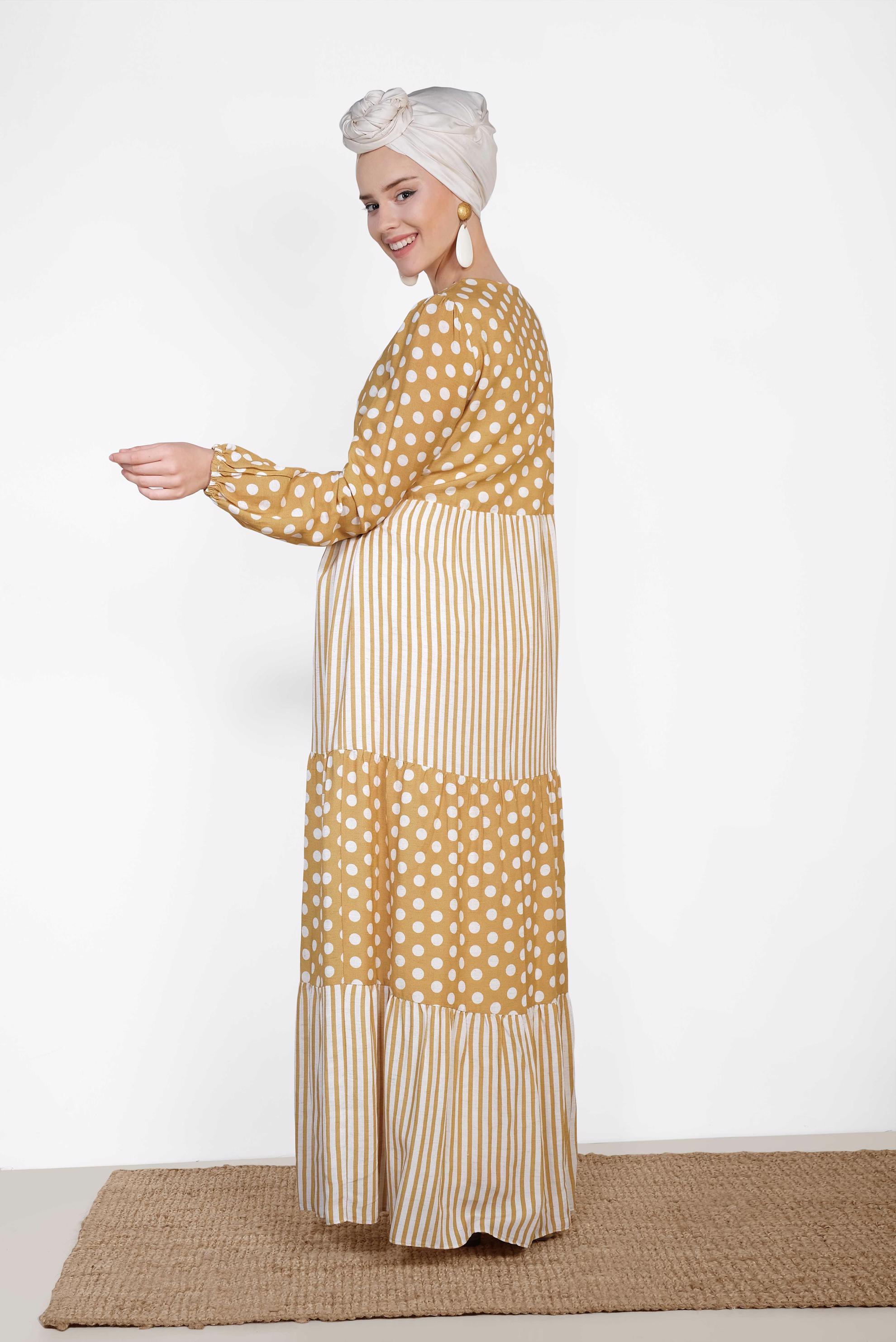 Tesettür giyim SARI PUANTİYE VE ÇİZGİ DESENLİ ELBİSE 4410