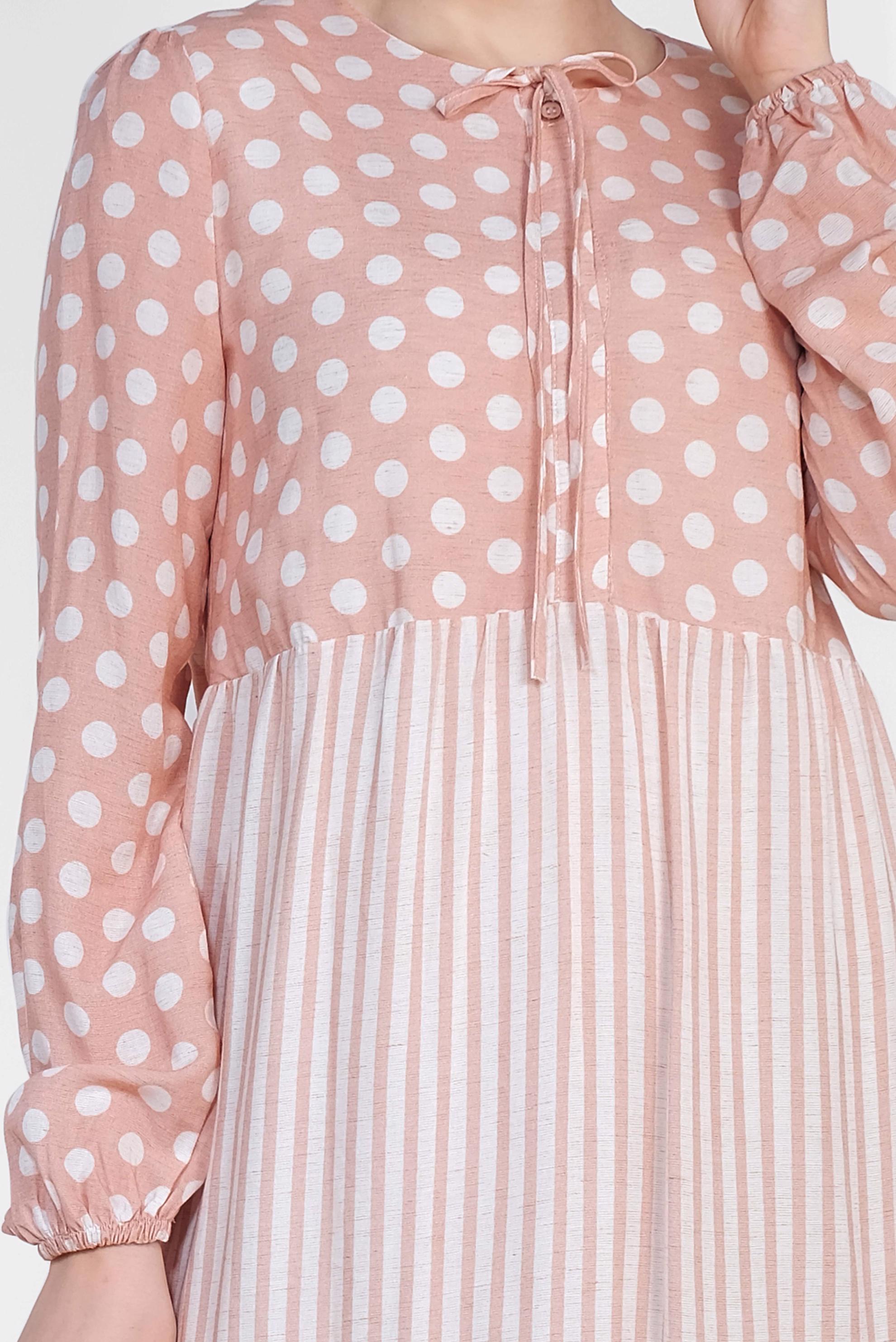 Tesettür giyim PUDRA PUANTİYE VE ÇİZGİ DESENLİ ELBİSE 4410