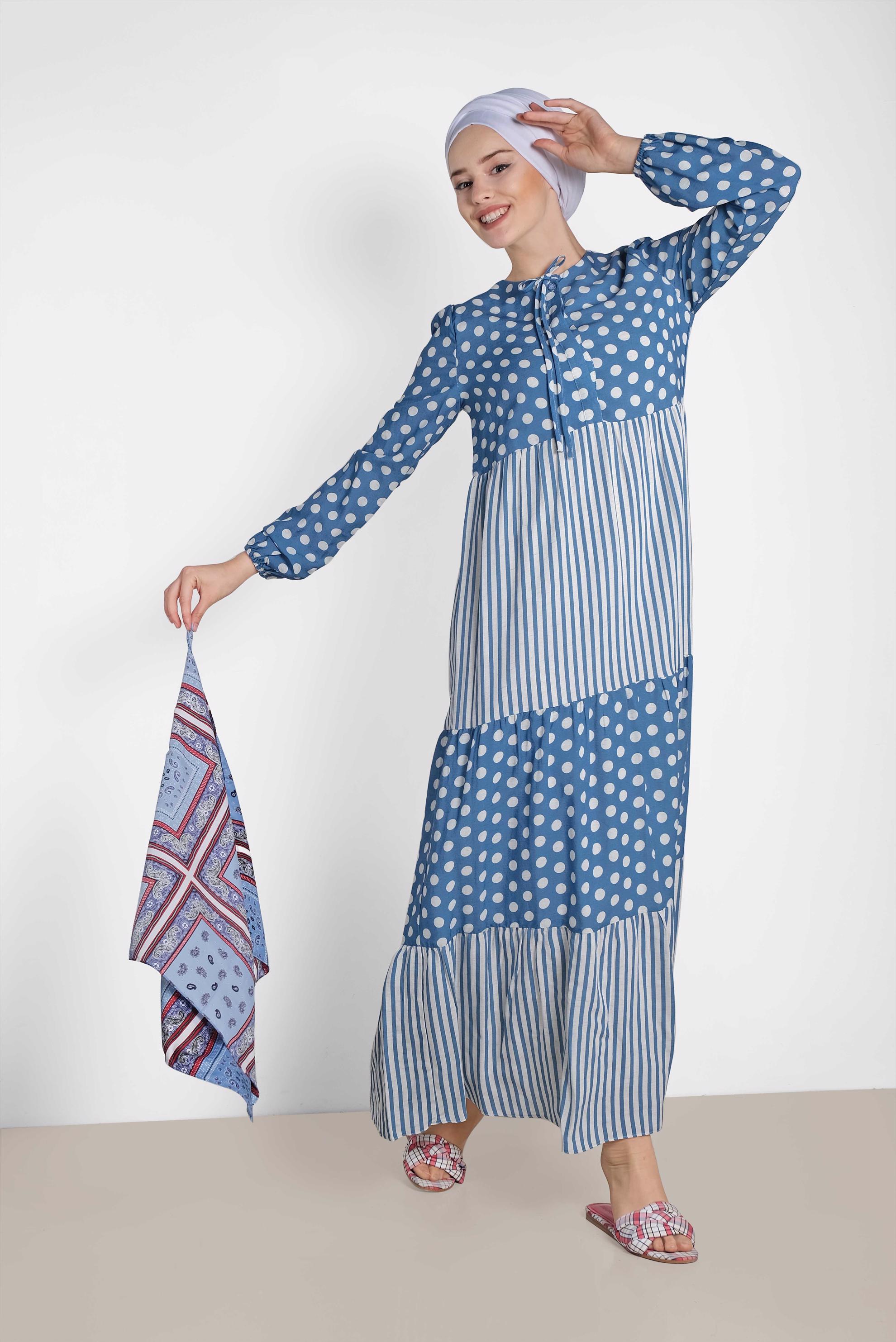 Tesettür giyim LACİVERT PUANTİYE VE ÇİZGİ DESENLİ ELBİSE 4410