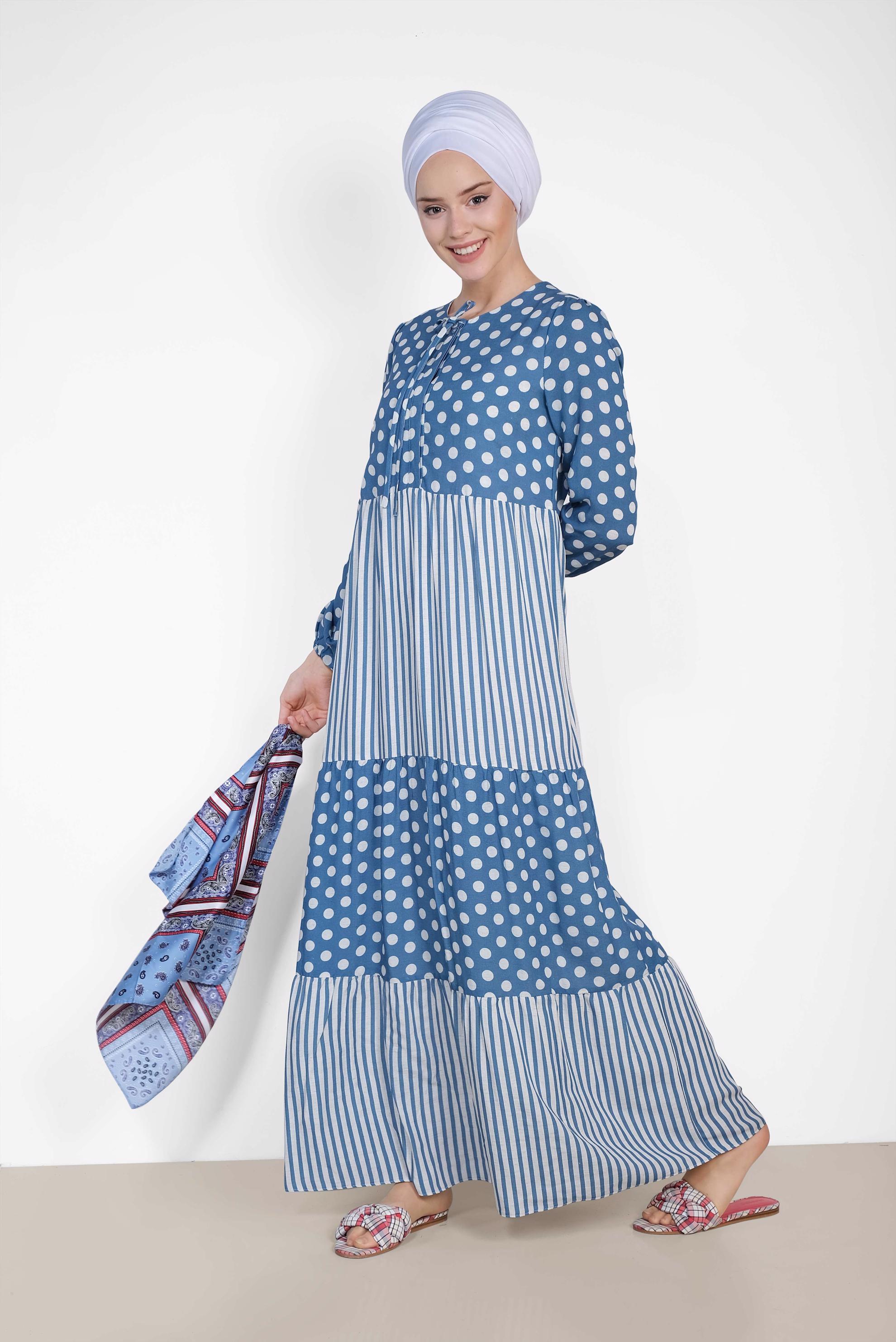 Tesettür giyim LACİVERT PUANTİYE VE ÇİZGİ DESENLİ ELBİSE 4410