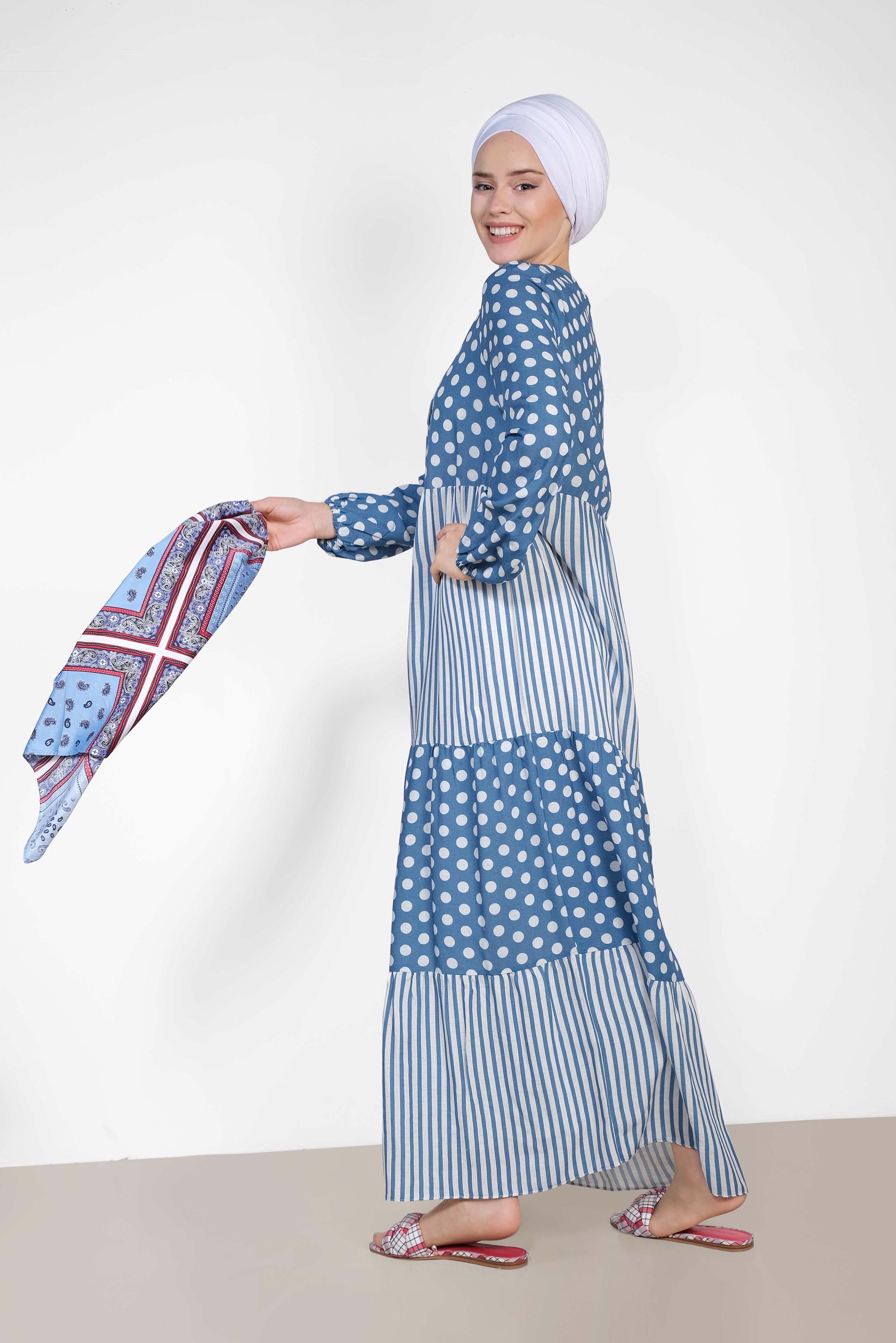 Tesettür giyim LACİVERT PUANTİYE VE ÇİZGİ DESENLİ ELBİSE 4410