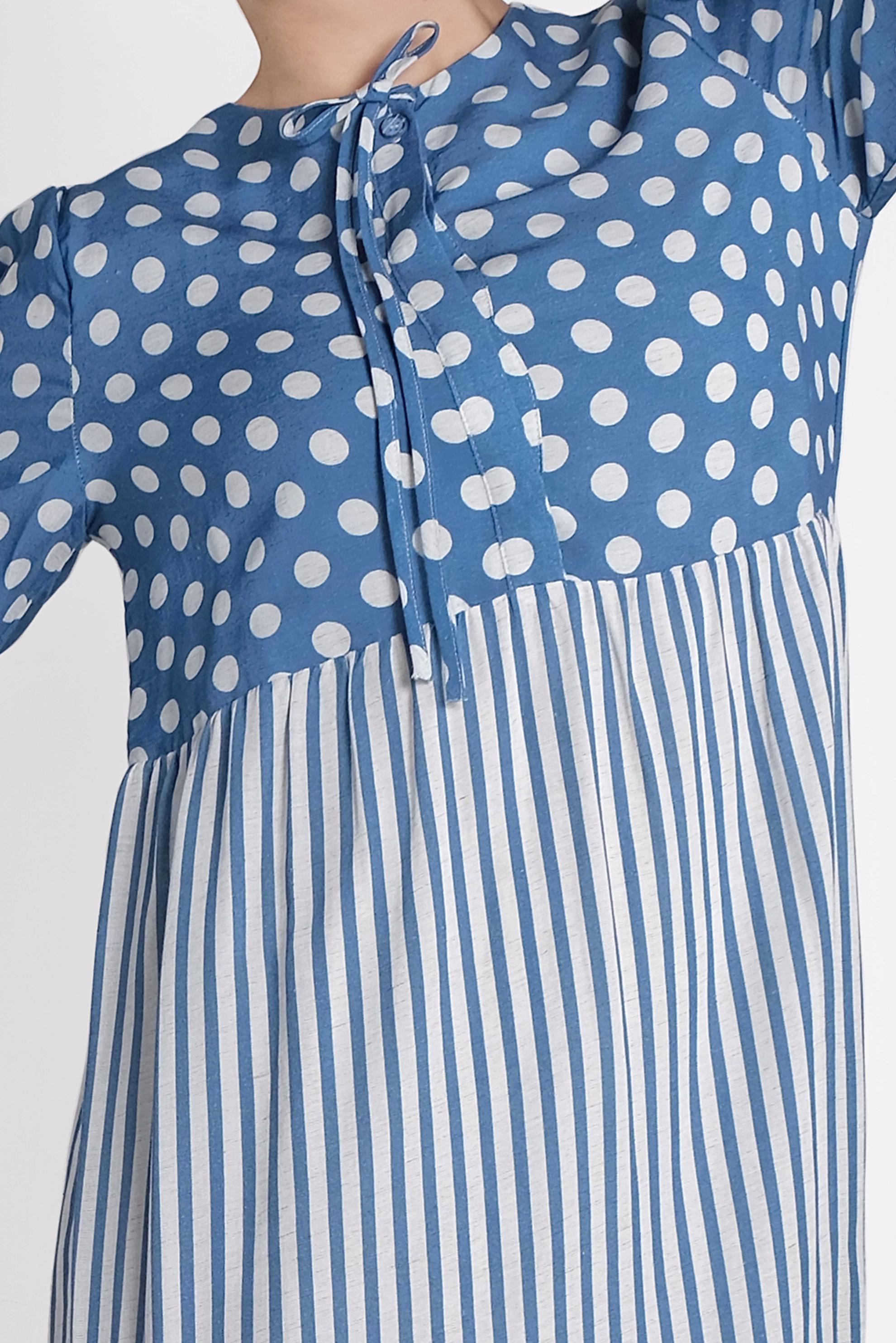 Tesettür giyim LACİVERT PUANTİYE VE ÇİZGİ DESENLİ ELBİSE 4410