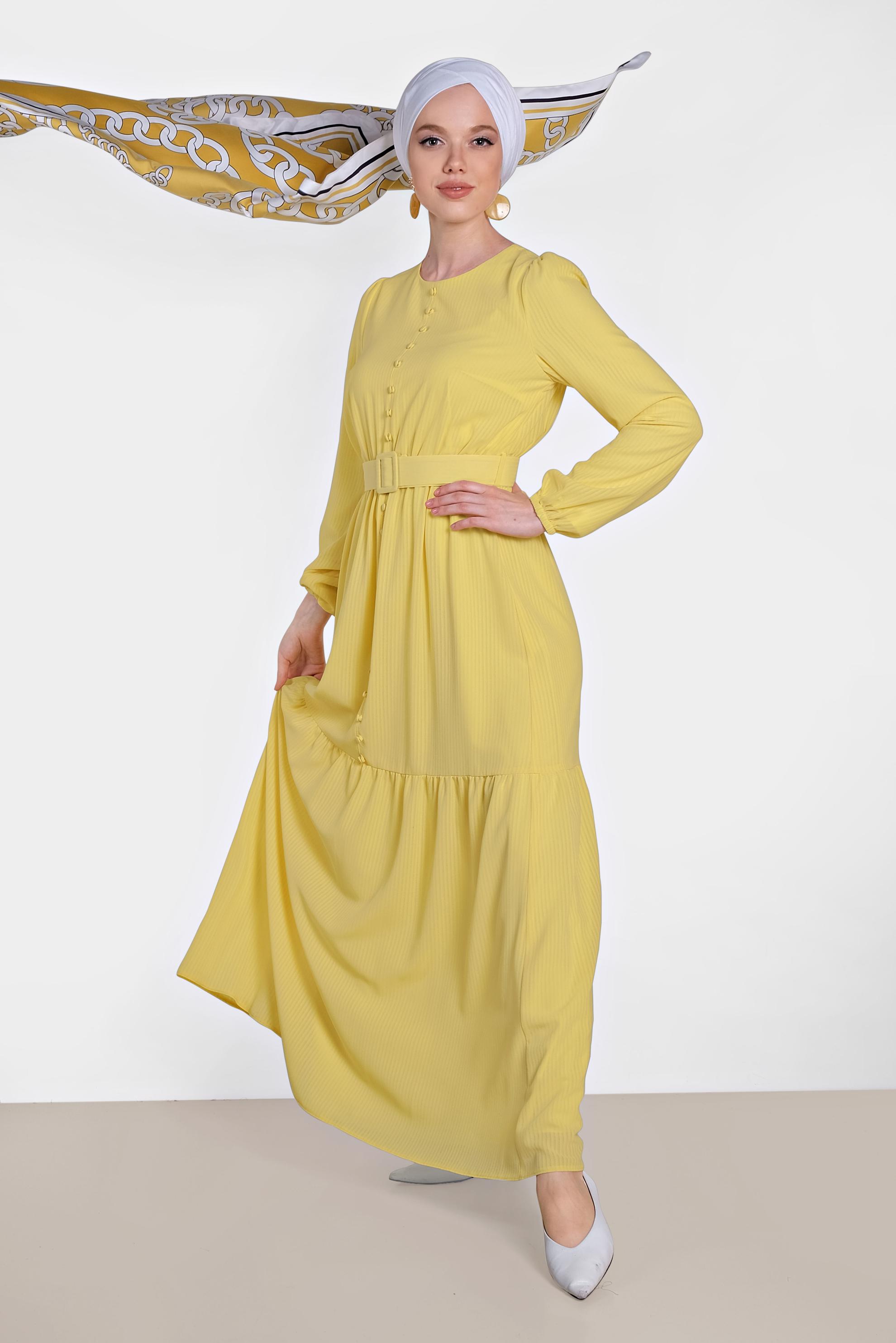 Tesettür giyim SARI BELİ KEMERLİ ELBİSE 4442