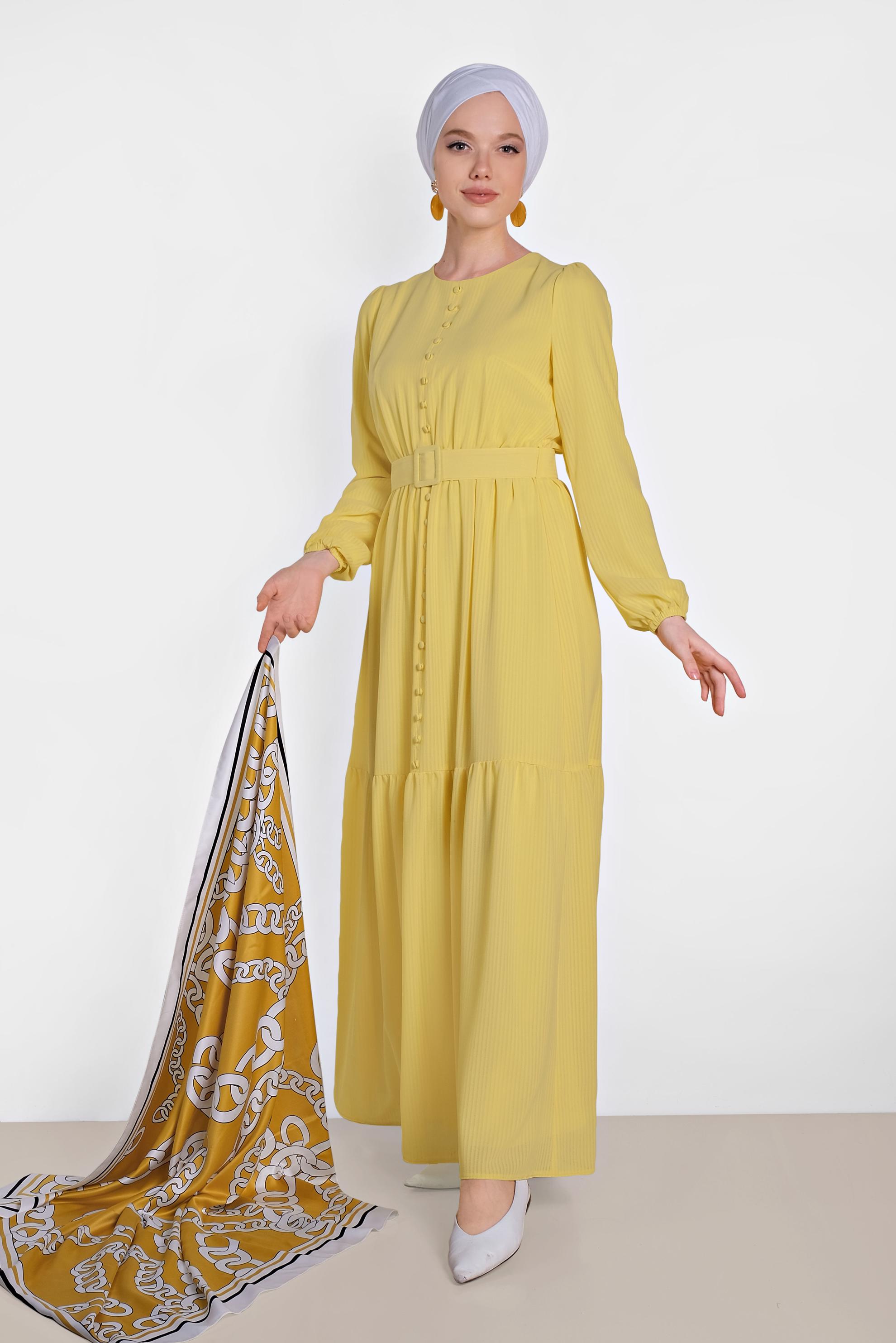 Tesettür giyim SARI BELİ KEMERLİ ELBİSE 4442