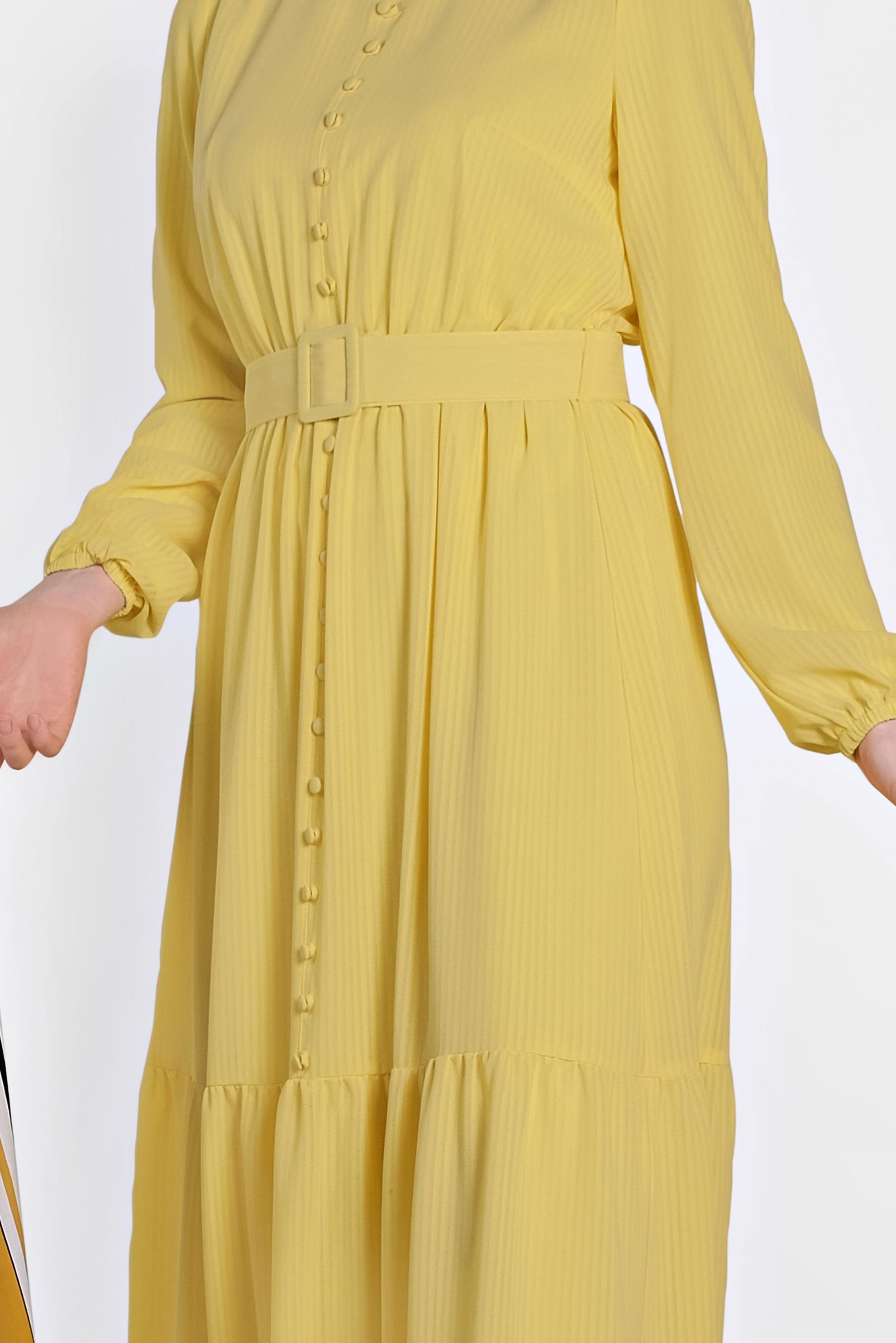 Tesettür giyim SARI BELİ KEMERLİ ELBİSE 4442