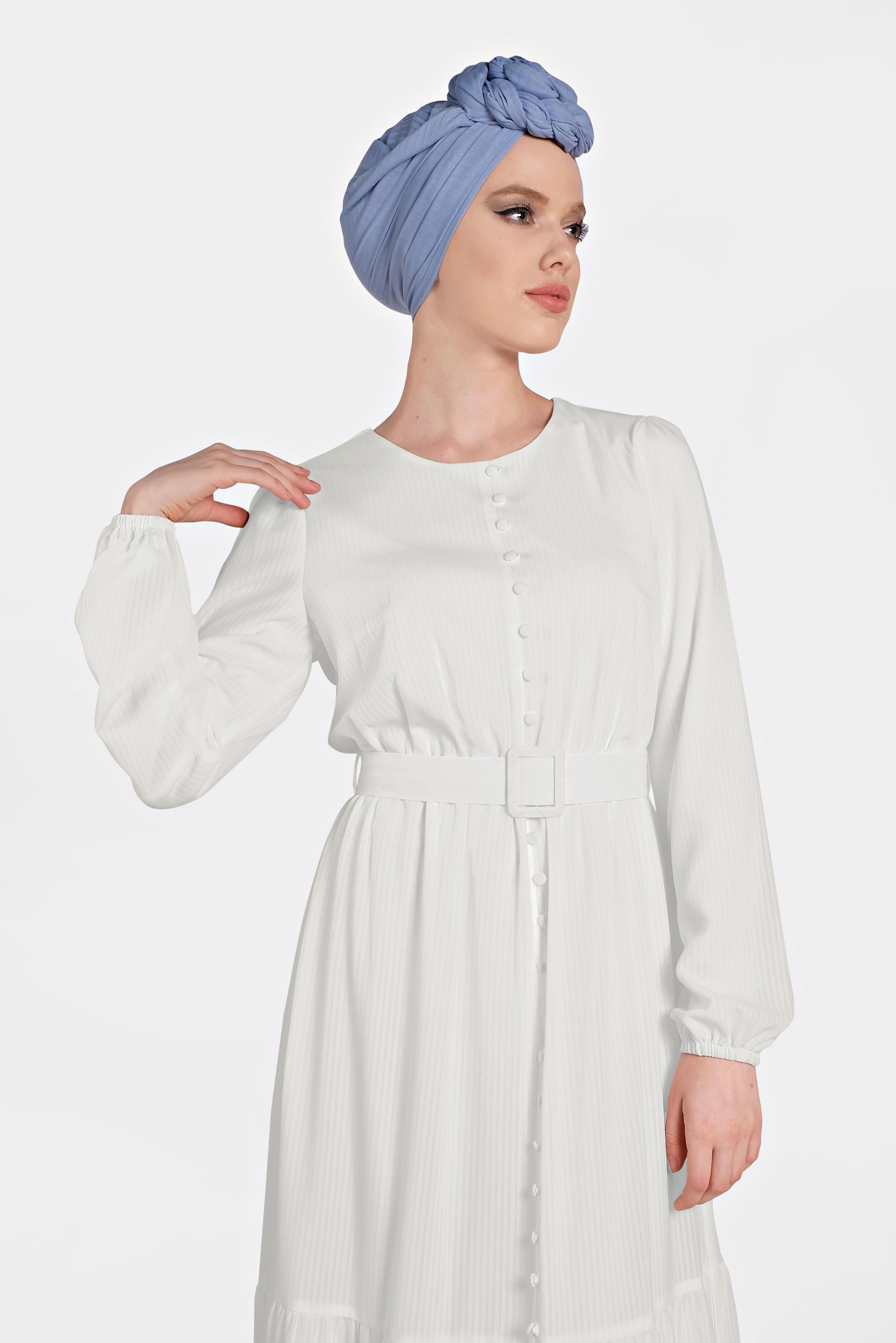 Tesettür giyim EKRU BELİ KEMERLİ ELBİSE 4442