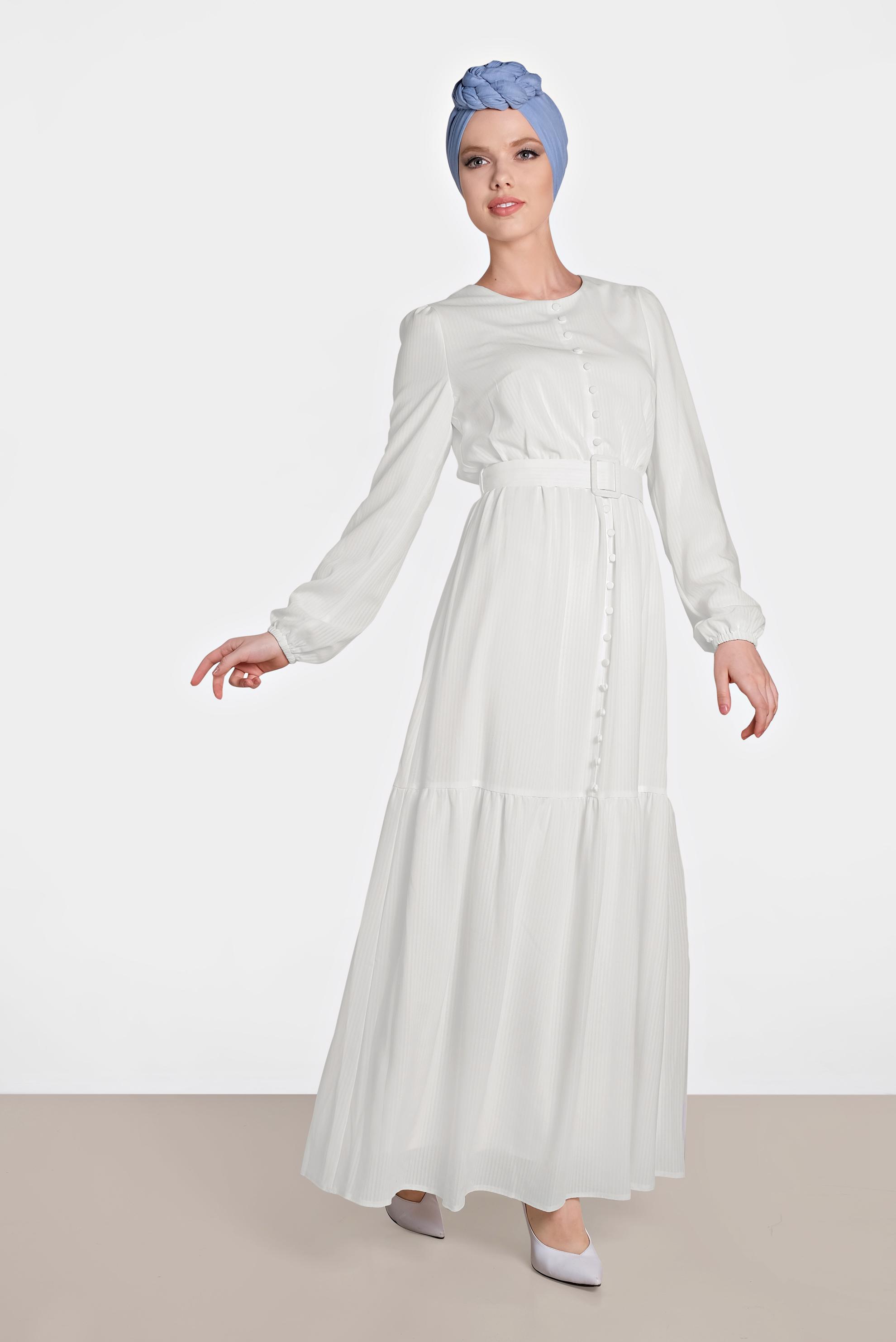 Tesettür giyim EKRU BELİ KEMERLİ ELBİSE 4442