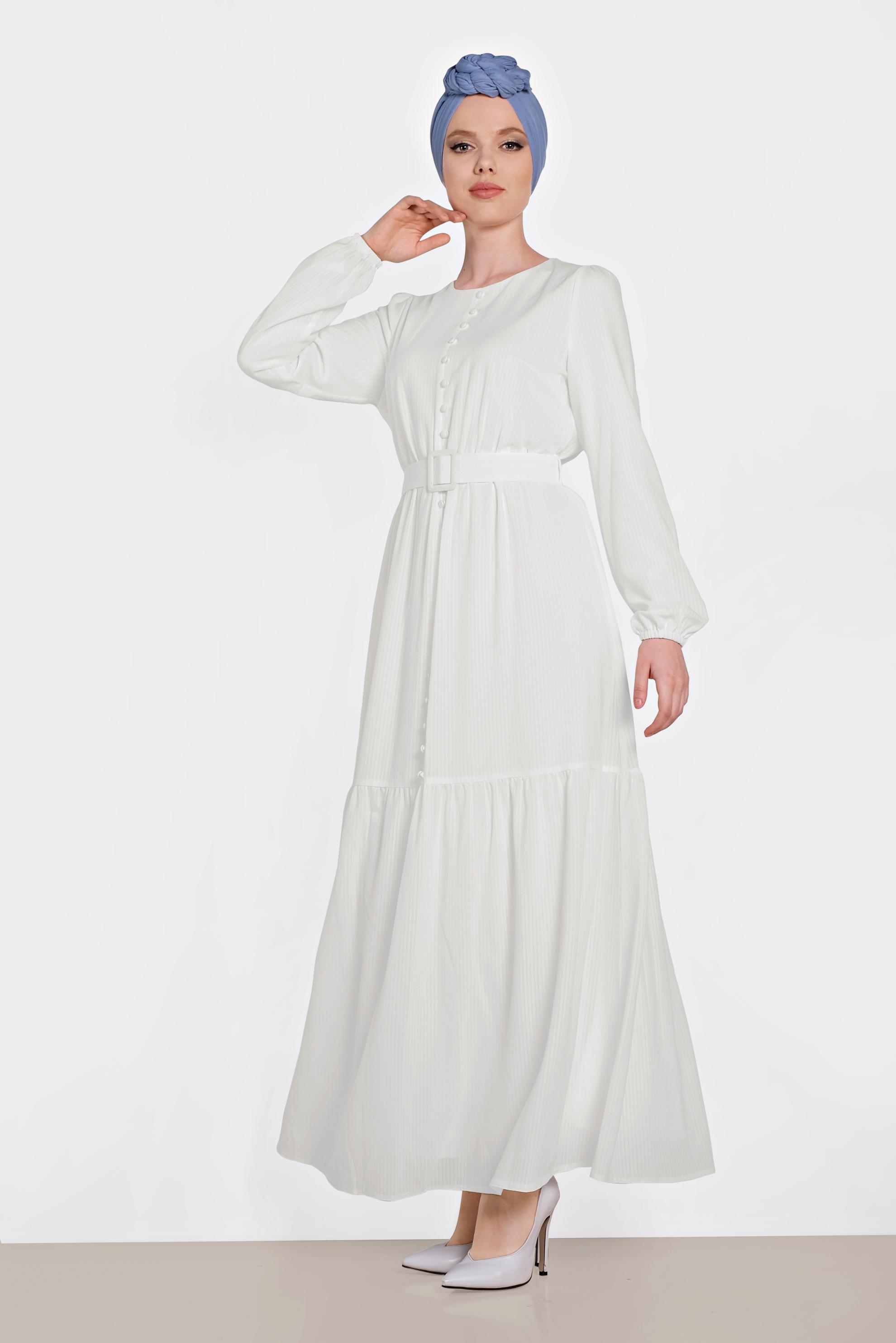 Tesettür giyim EKRU BELİ KEMERLİ ELBİSE 4442