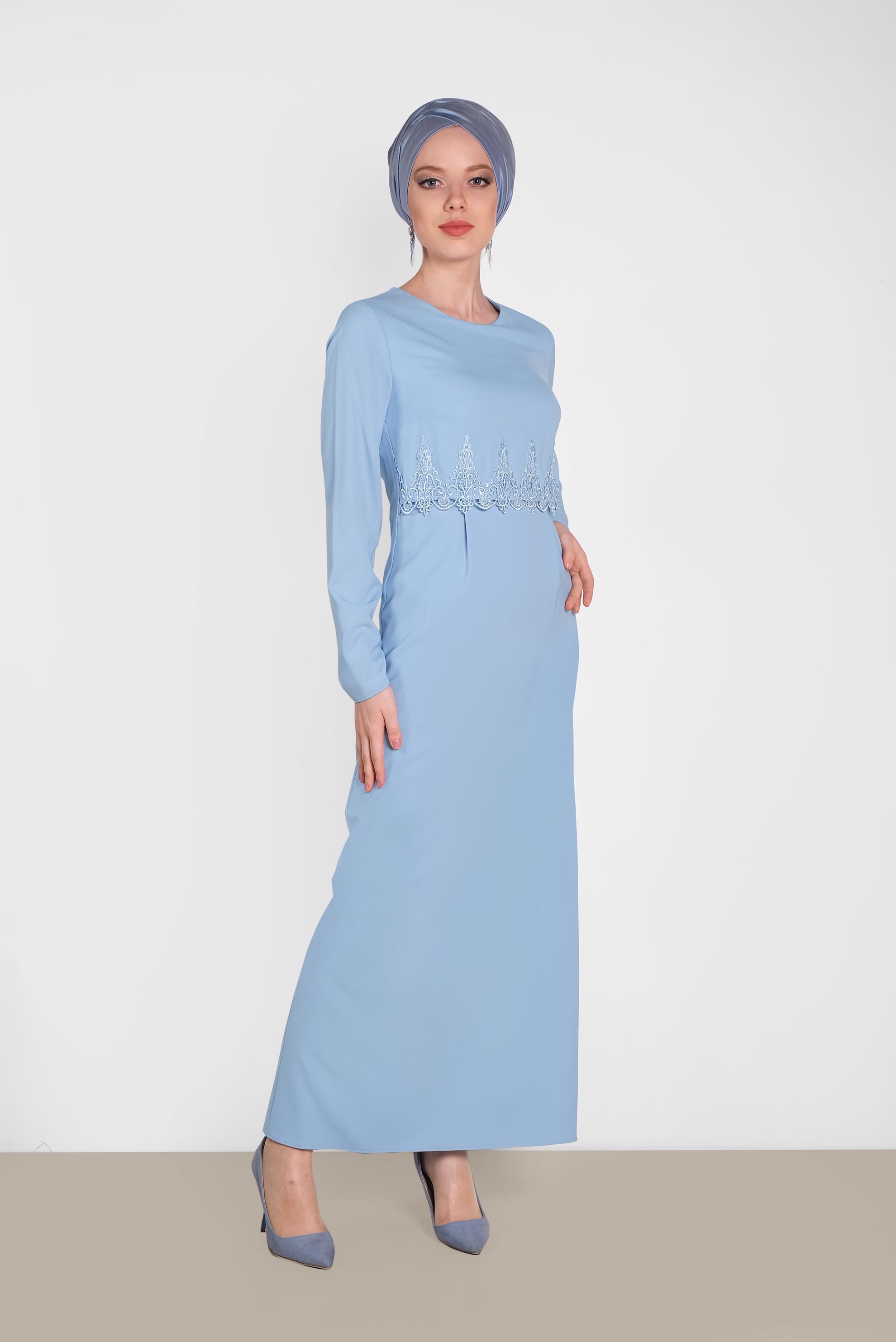 Tesettür giyim MAVİ GÜPÜRLÜ GİZLİ YIRTMAÇLI ELBİSE 4461