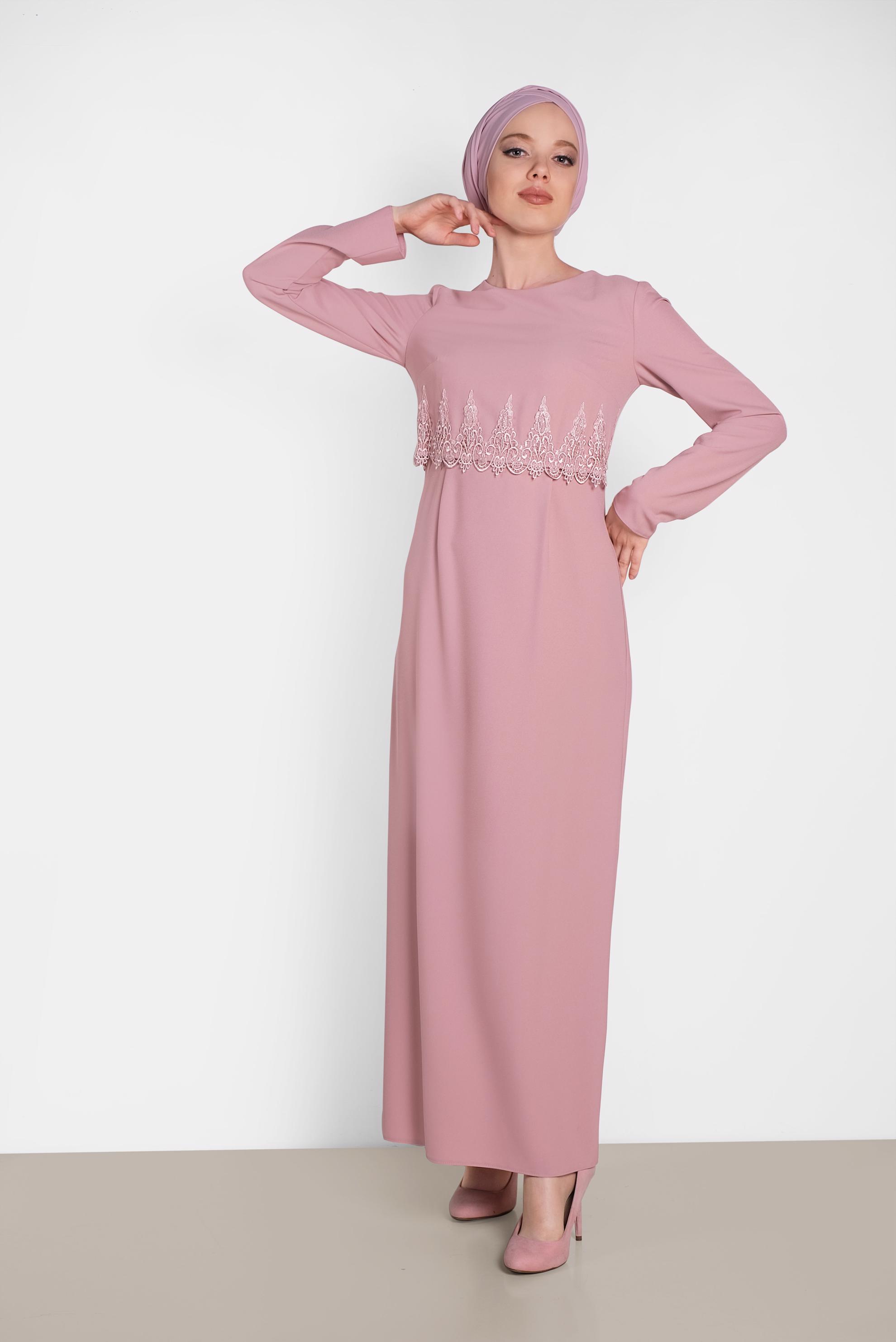 Tesettür giyim PUDRA GÜPÜRLÜ GİZLİ YIRTMAÇLI ELBİSE 4461