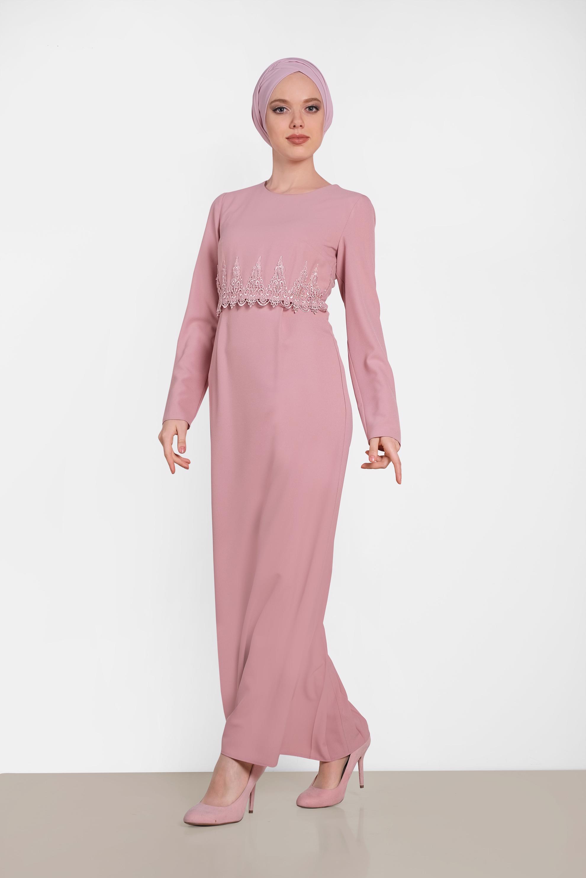 Tesettür giyim PUDRA GÜPÜRLÜ GİZLİ YIRTMAÇLI ELBİSE 4461