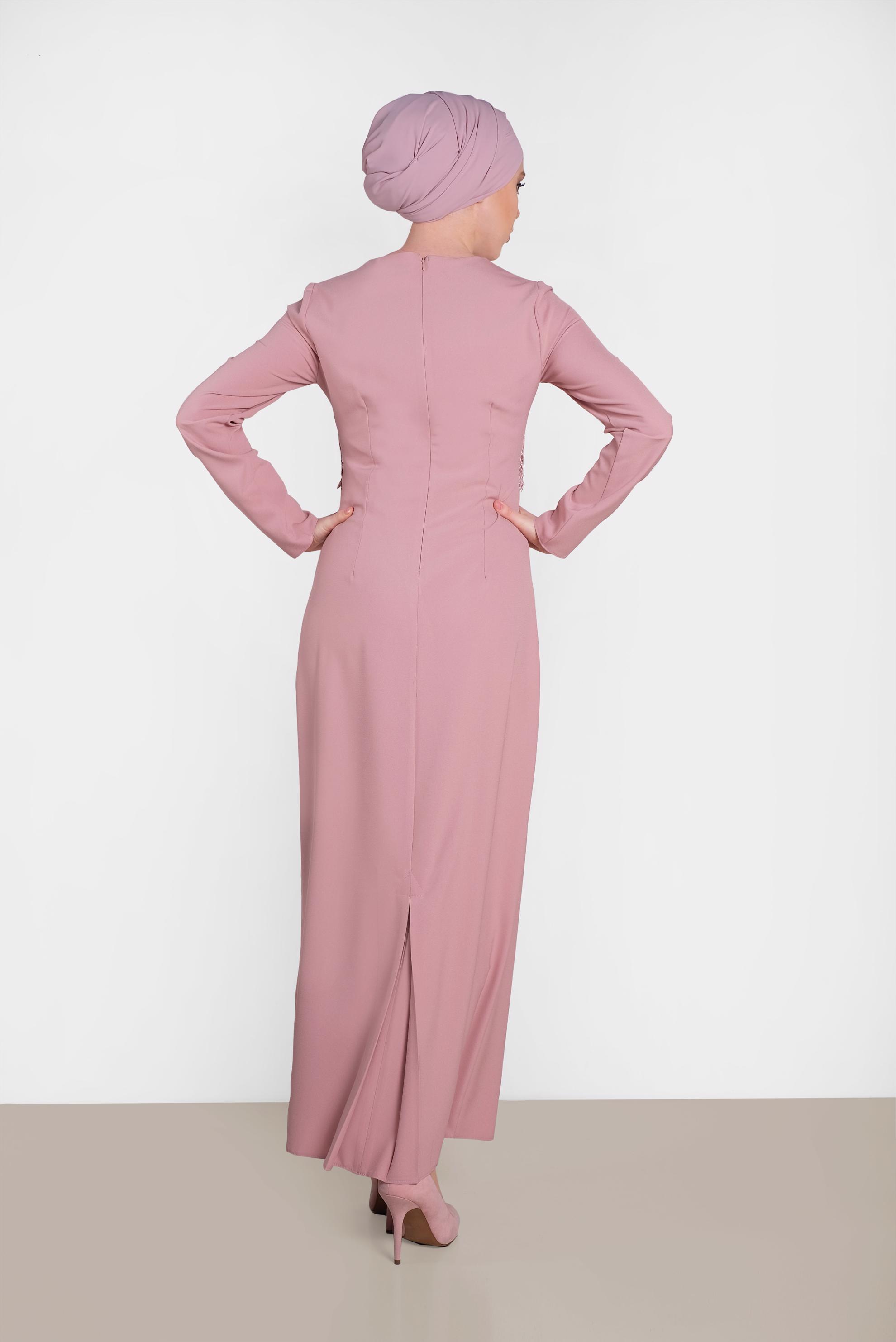 Tesettür giyim PUDRA GÜPÜRLÜ GİZLİ YIRTMAÇLI ELBİSE 4461